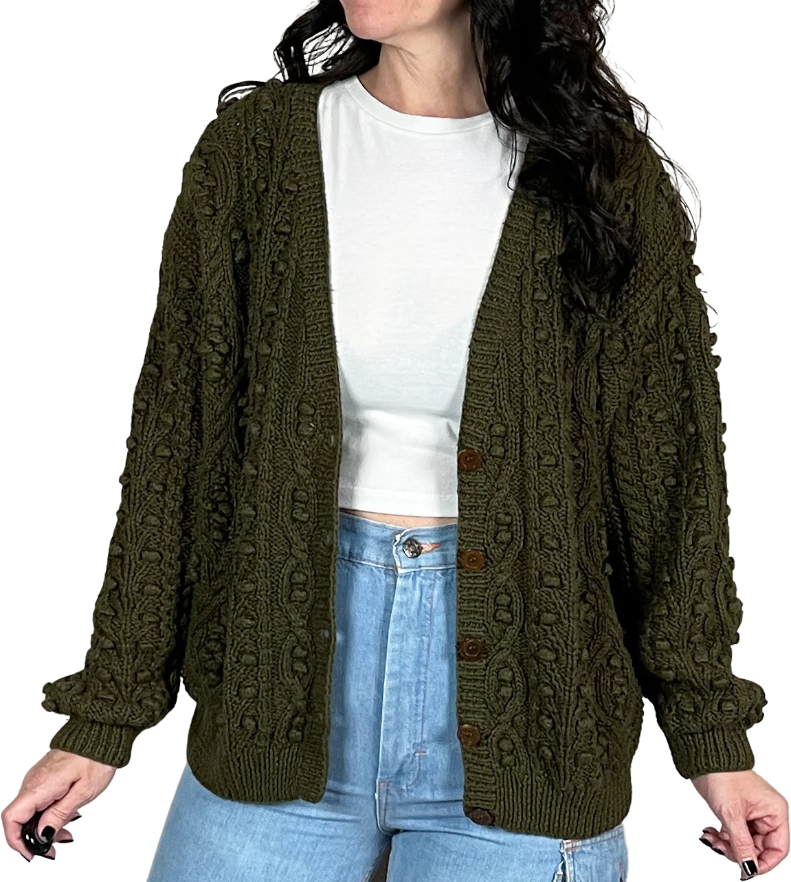 90s Army Green Hand Knitted Chunky Cardigan By Crazy Horse Ii