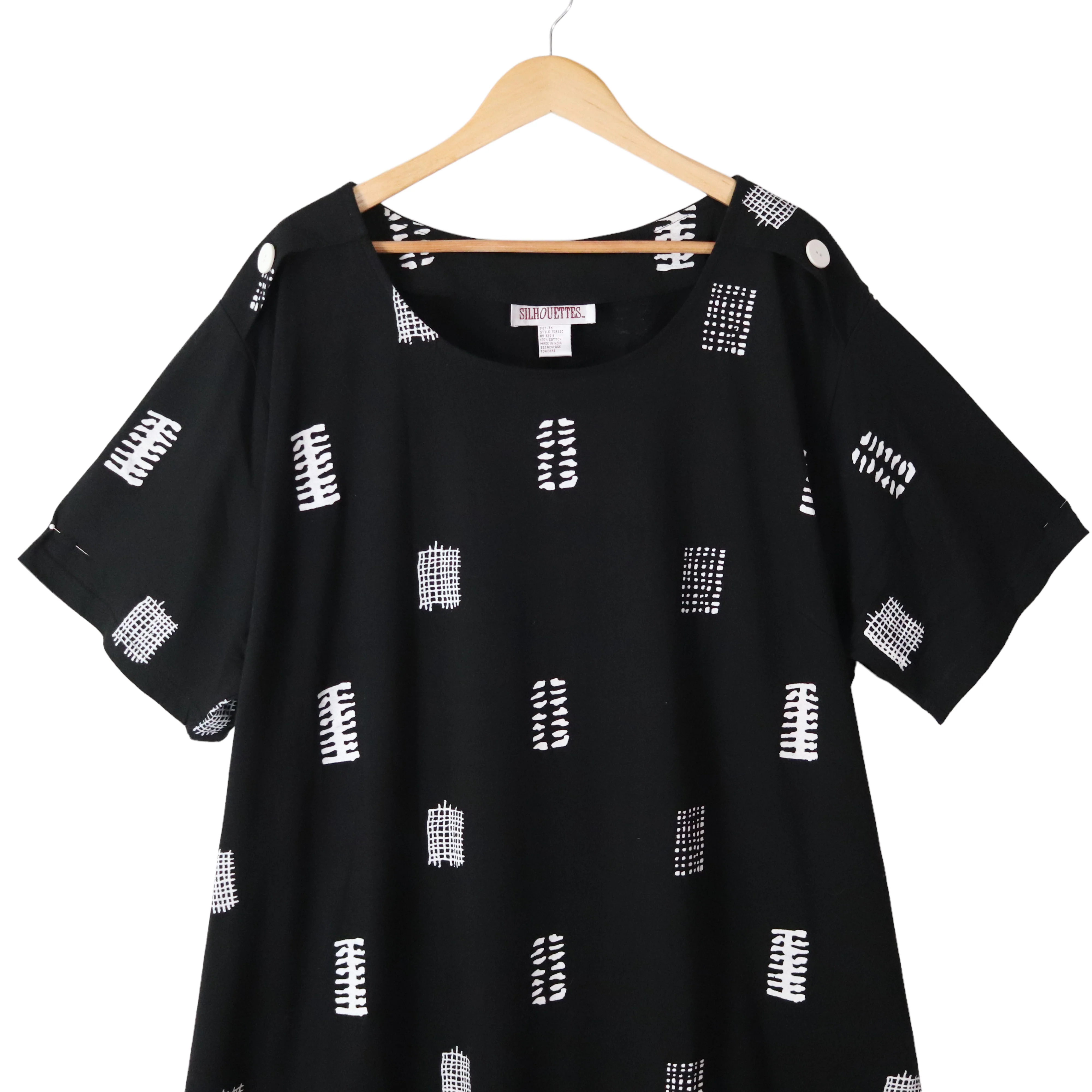 90s Artsy Black Block Print Cotton Knit Shift Dress By Silhouettes - Image 3