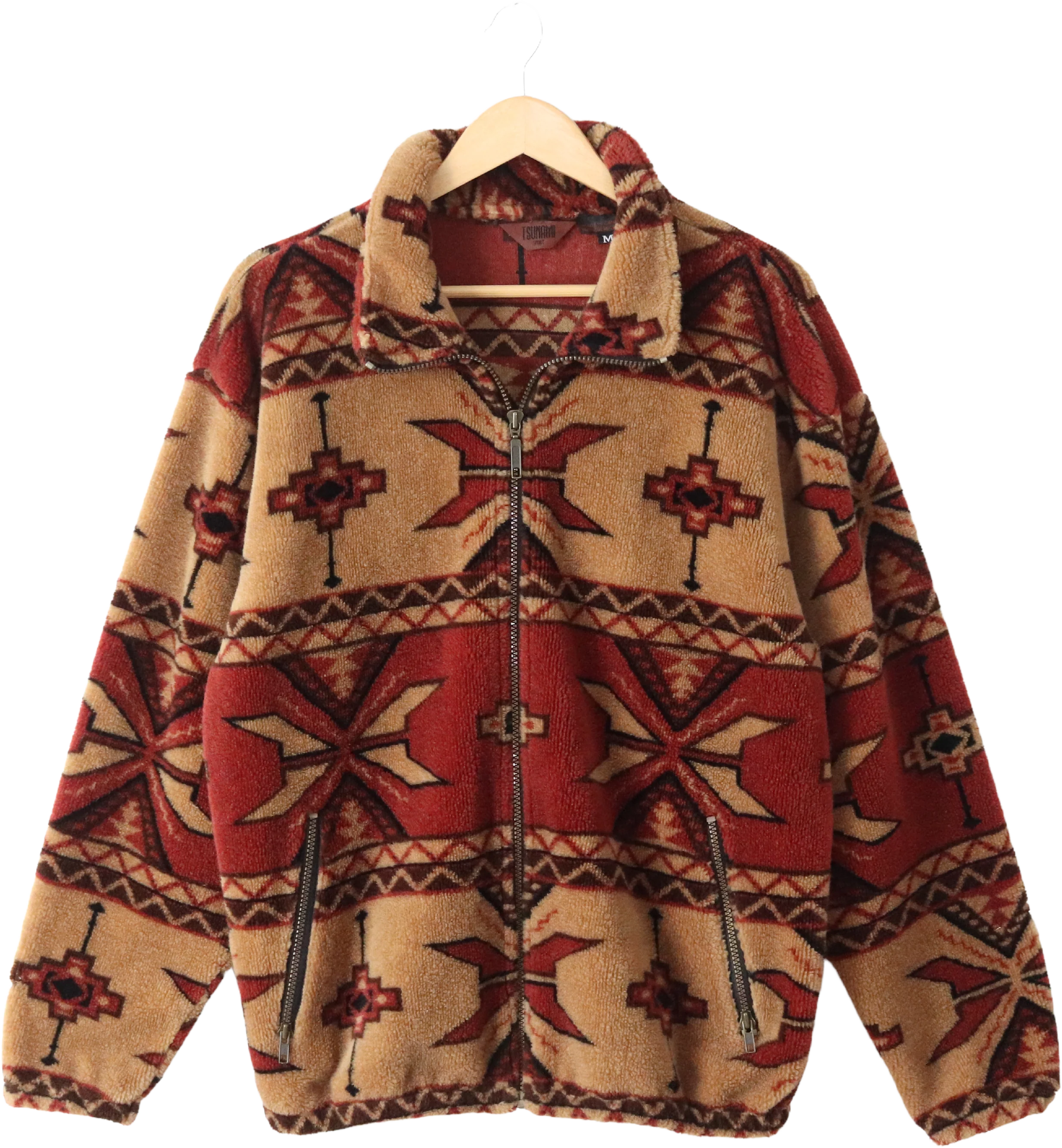 90s Geometrical  Sherpa Fleece High Pile Full Zip Jacket by Tsunami