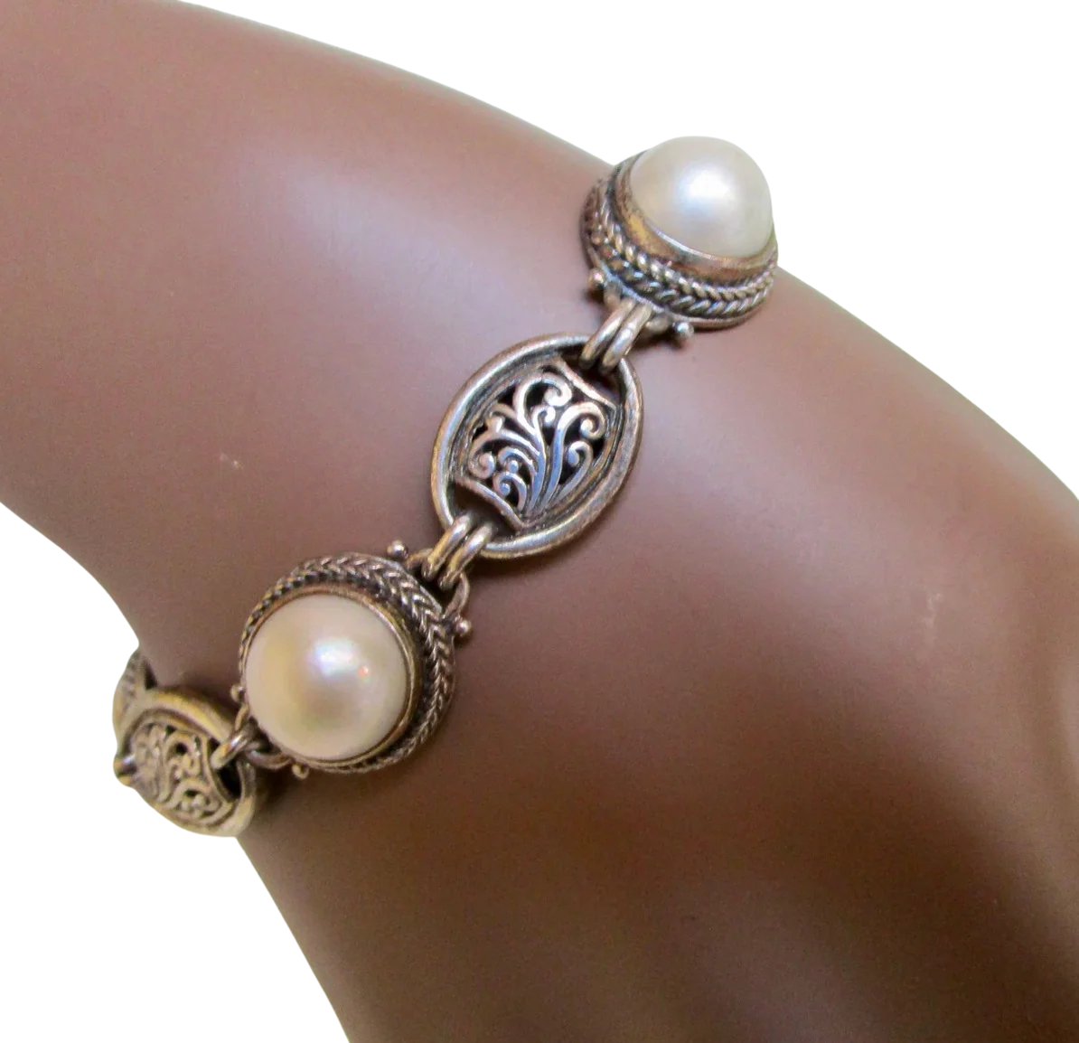 90s Balinese Link Bracelet With Three Mabe Pearls By Sarda