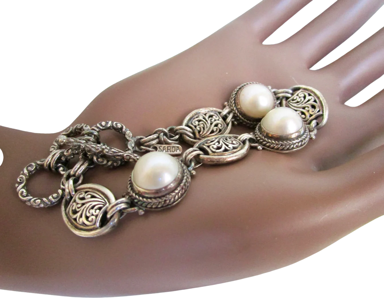 90s Balinese Link Bracelet With Three Mabe Pearls By Sarda - Image 2