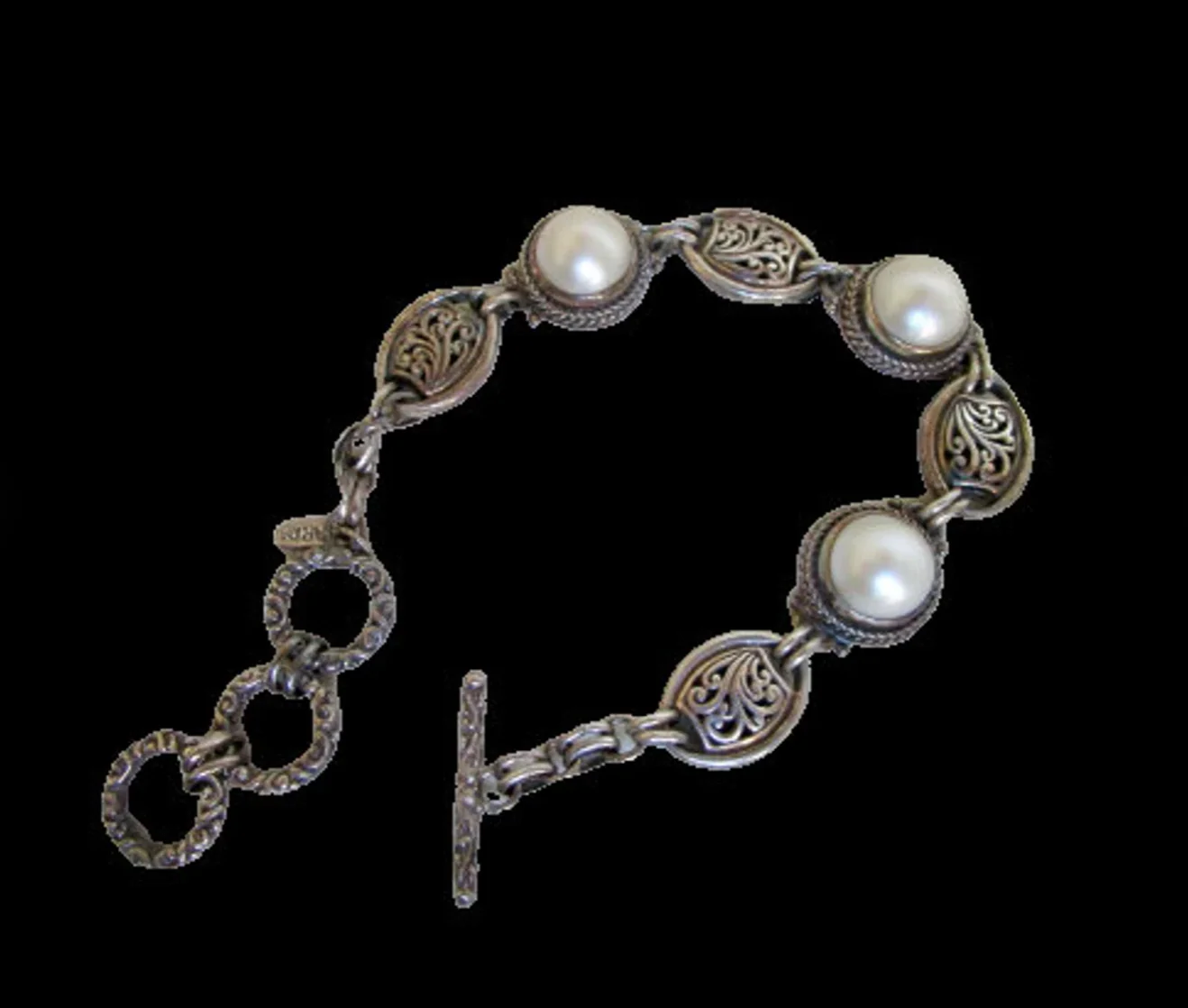 90s Balinese Link Bracelet With Three Mabe Pearls By Sarda - Image 3