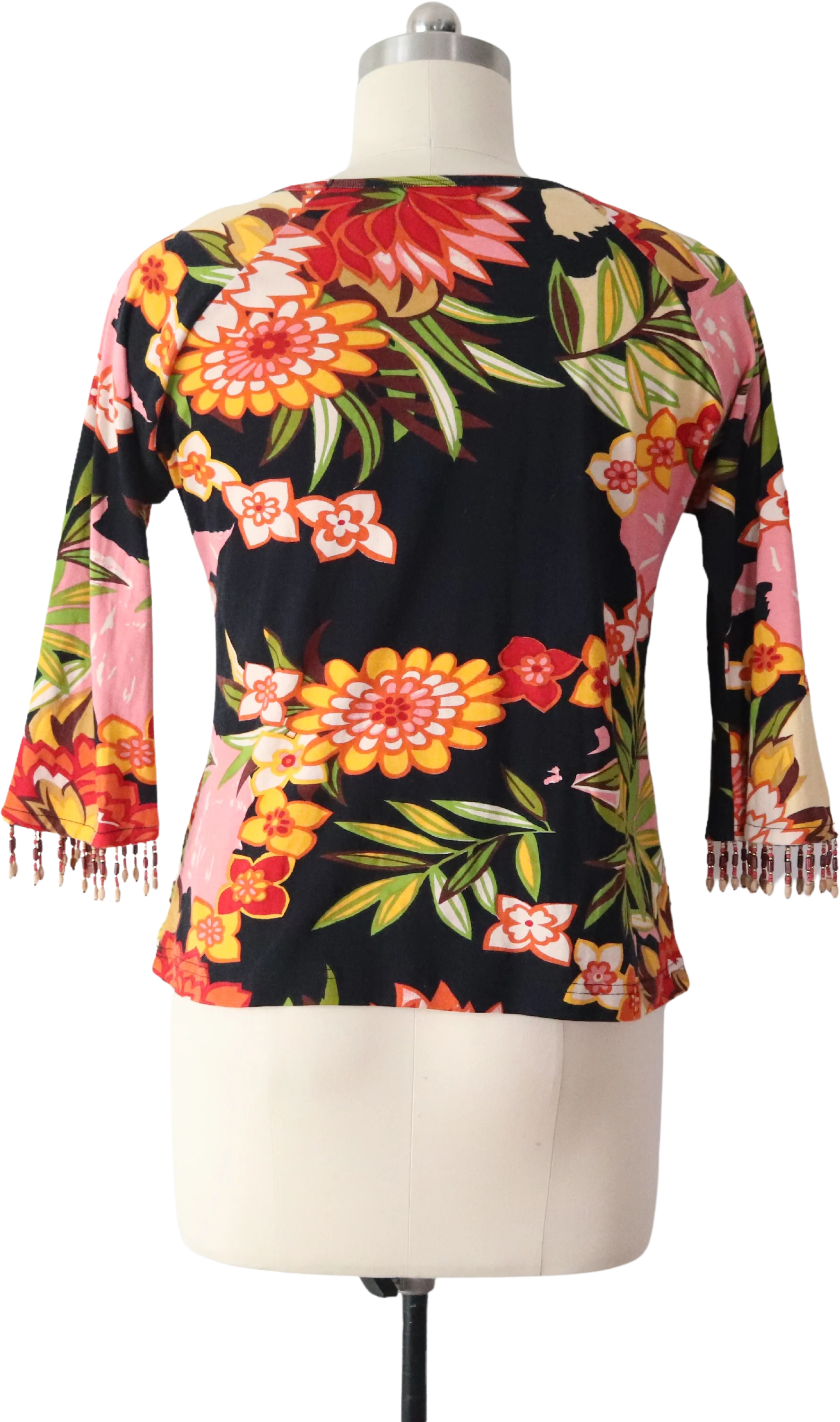 90s Beaded Floral Bell Sleeve Fringe Cotton Knit Top By Kaktus - Image 2