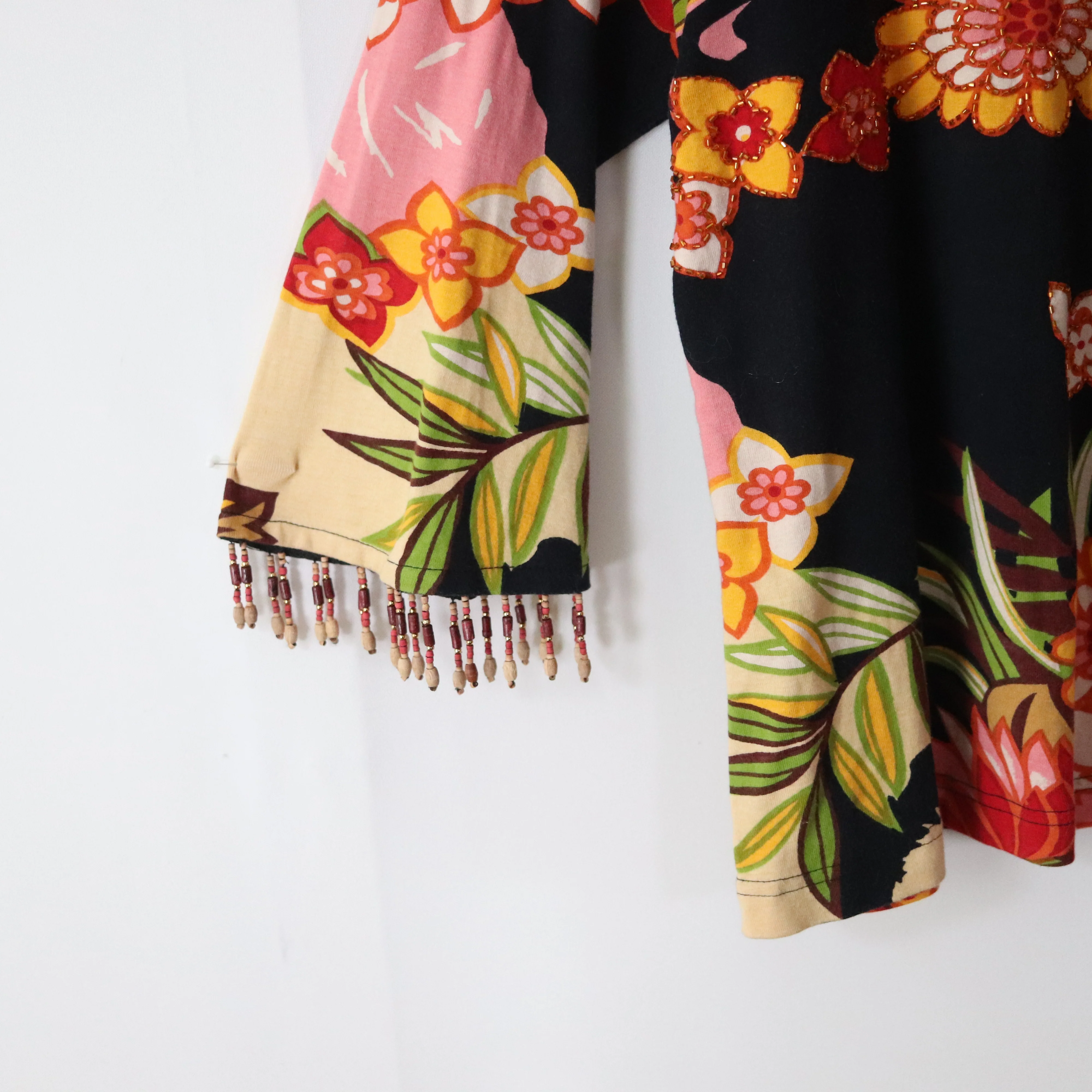 90s Beaded Floral Bell Sleeve Fringe Cotton Knit Top By Kaktus - Image 7