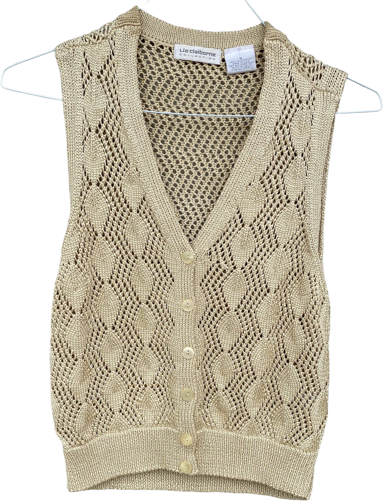 90s Beige Knit Vest Button Up Top Slink Textured Soft By Liz Claiborne