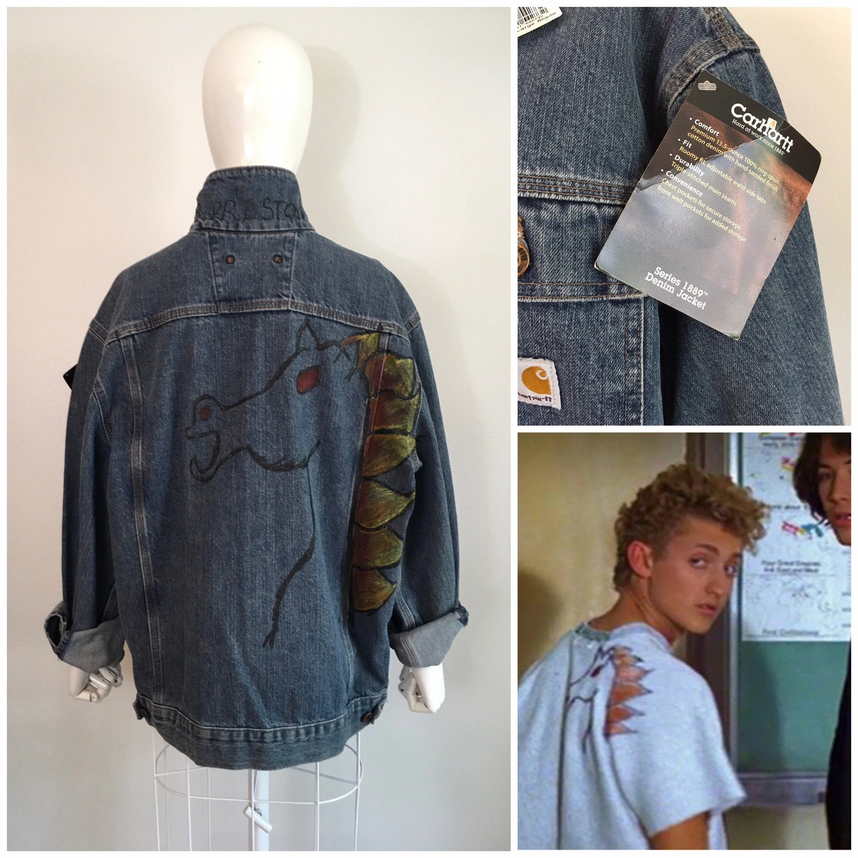 90's Bill And Teds Excellent Adventure Wyld Stallyns Painted Denim Coat by Carhartt - Image 3