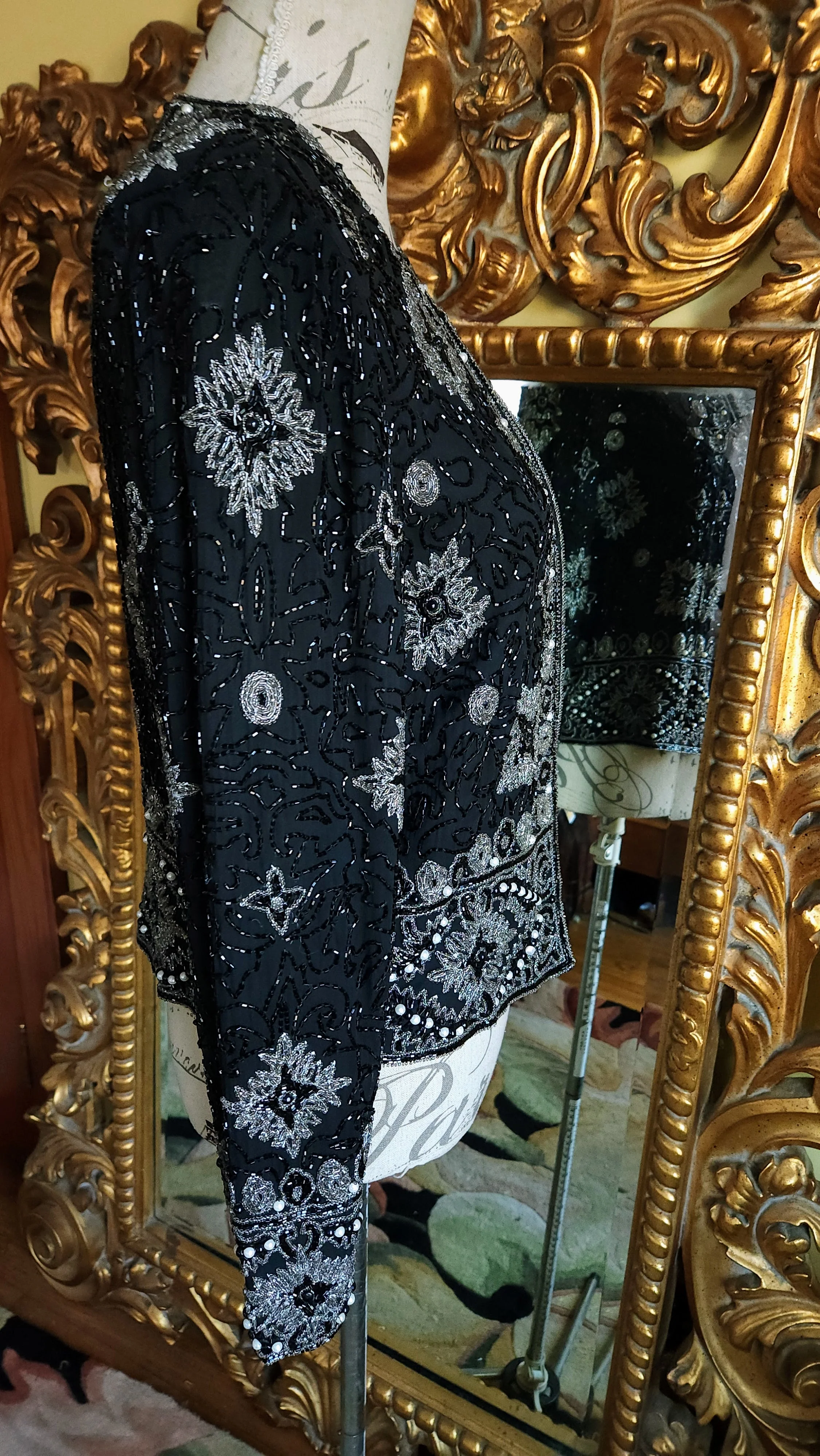 90s Black And Silver Beaded Silk Evening Jacket By Papell Boutique Evenings - Image 4