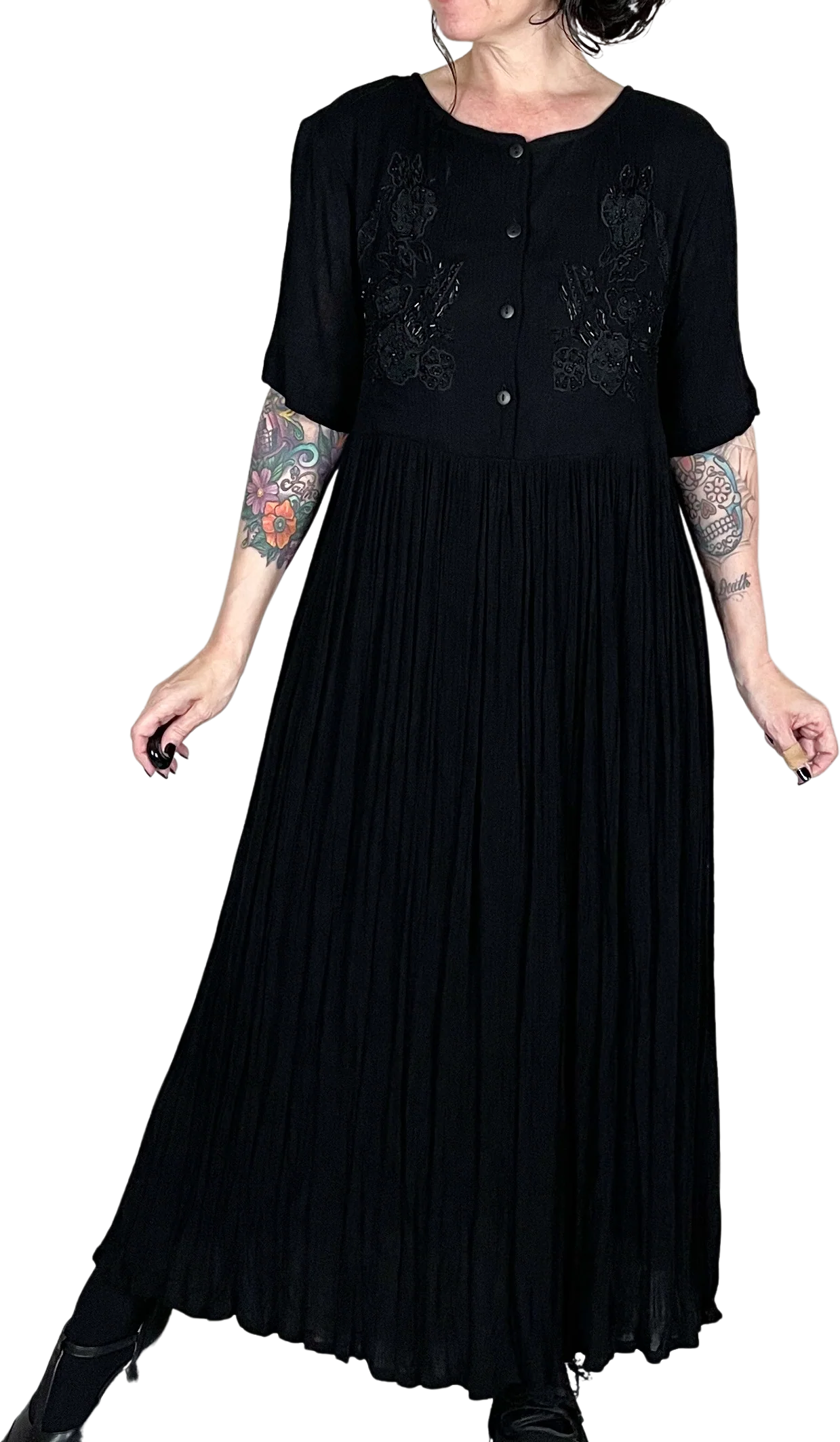 90s Black Beaded Babydoll Midi Dress By R&K Originals