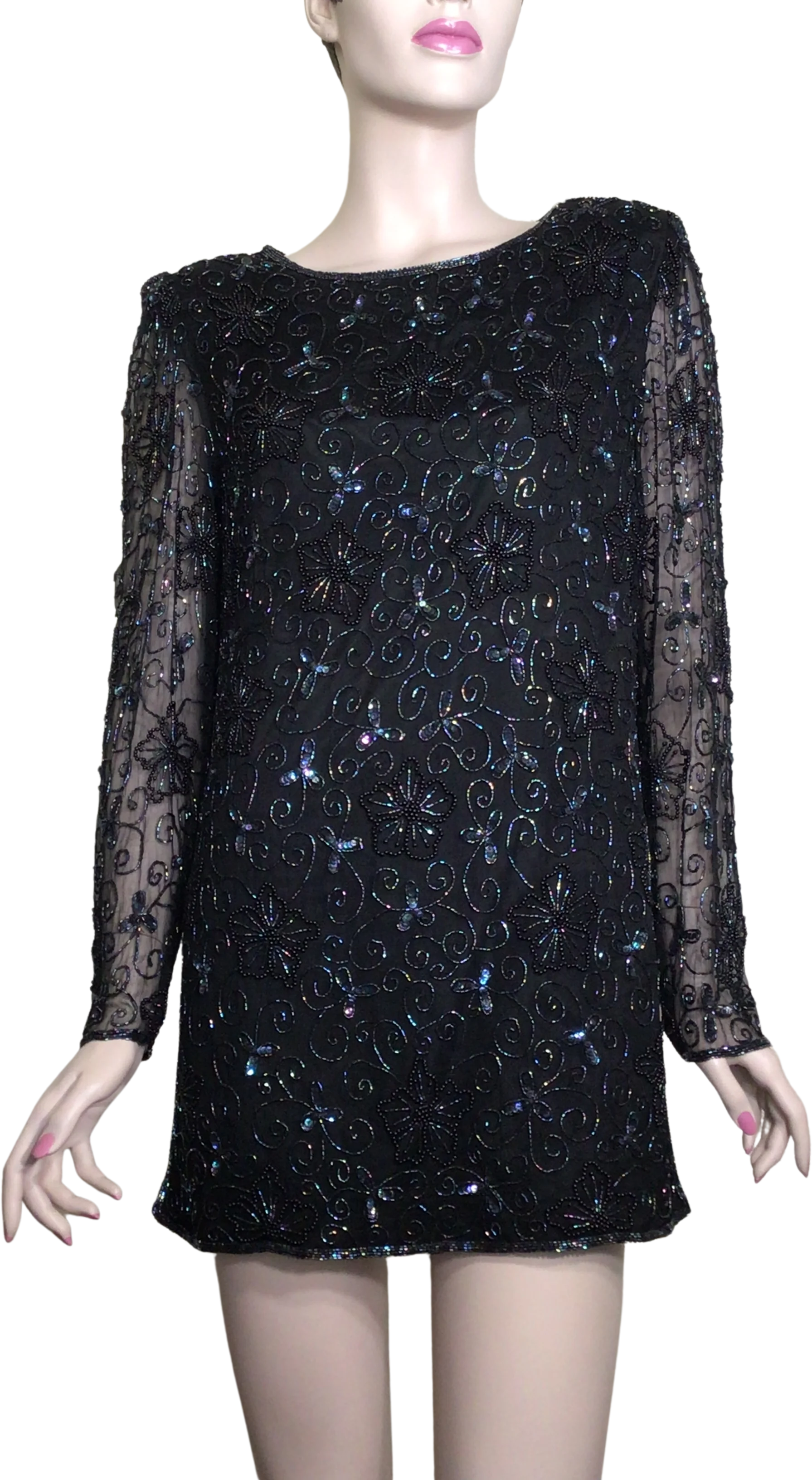 90s Black Beaded Sequin Long Sleeve Cocktail Blouse By Papell Boutique Evening
