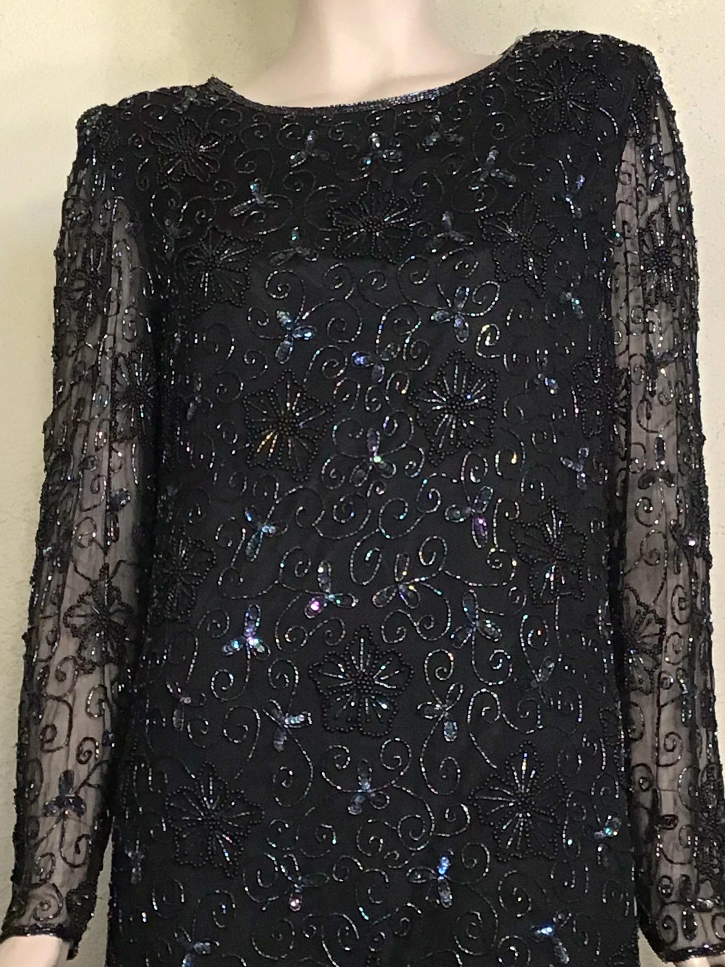 90s Black Beaded Sequin Long Sleeve Cocktail Blouse By Papell Boutique Evening - Image 5