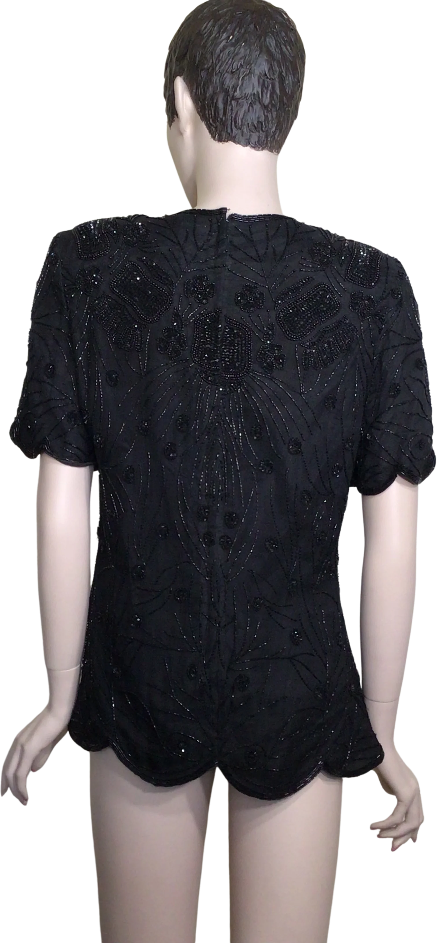 90s Black Beaded Sequin Short Sleeve Cocktail Blouse By Papell Boutique Evening - Image 2
