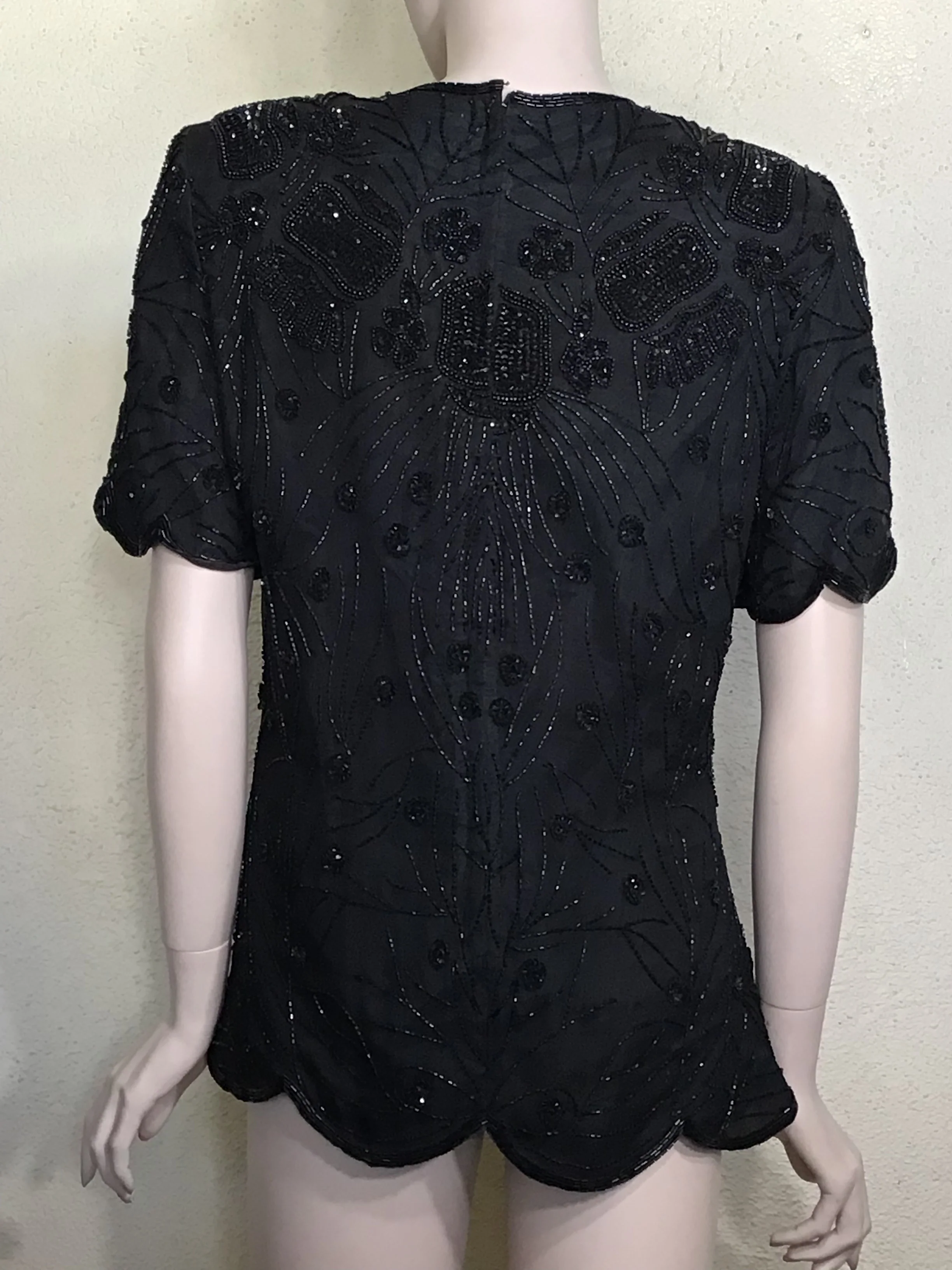90s Black Beaded Sequin Short Sleeve Cocktail Blouse By Papell Boutique Evening - Image 4