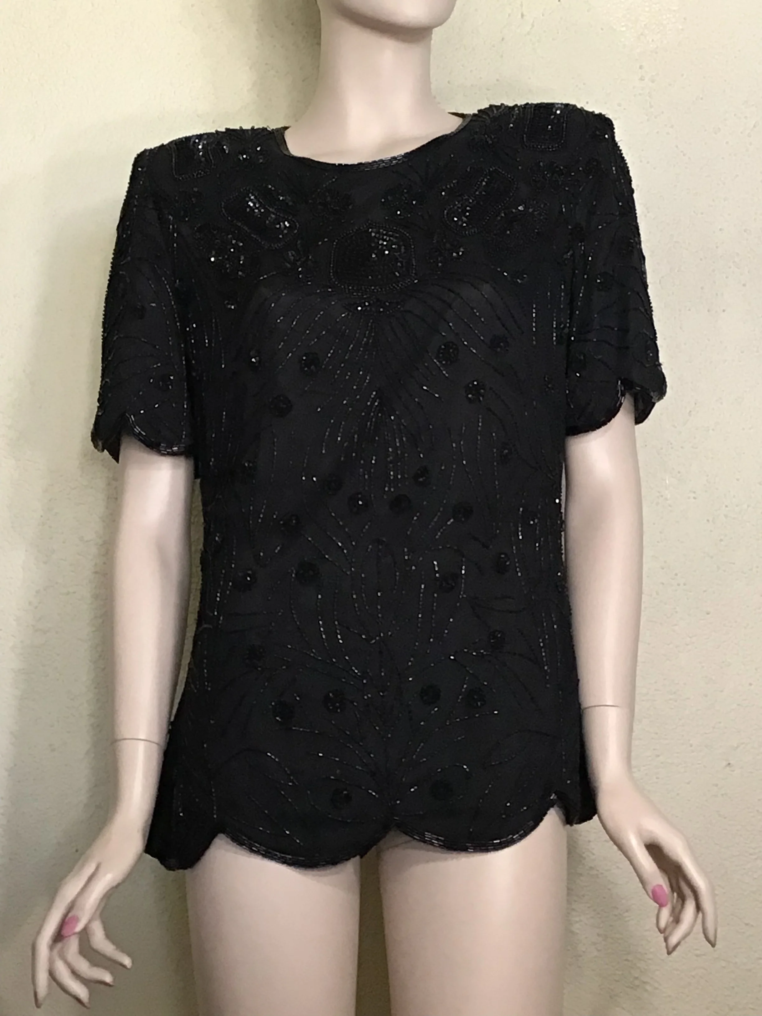 90s Black Beaded Sequin Short Sleeve Cocktail Blouse By Papell Boutique Evening - Image 5