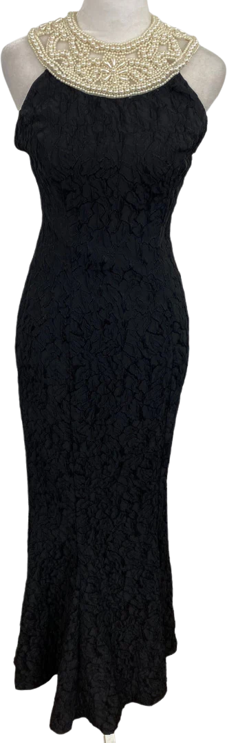 90s Black Crinkle Trumpet Mesh Pearl Neckline Dress