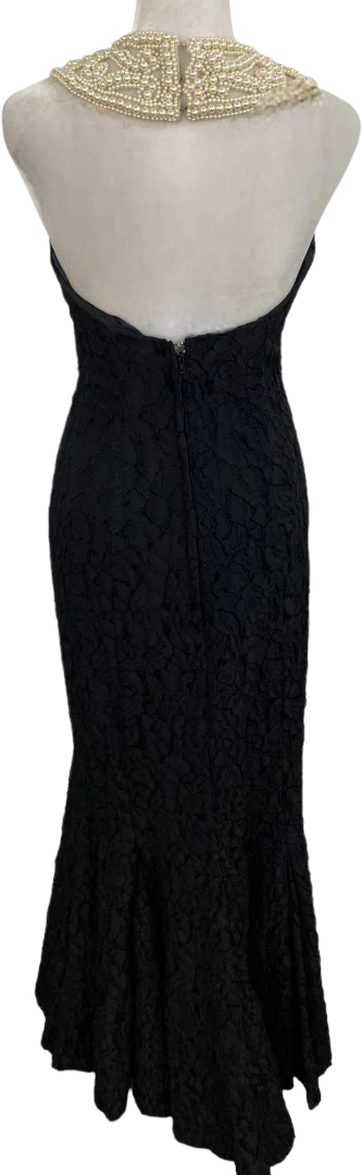 90s Black Crinkle Trumpet Mesh Pearl Neckline Dress - Image 2
