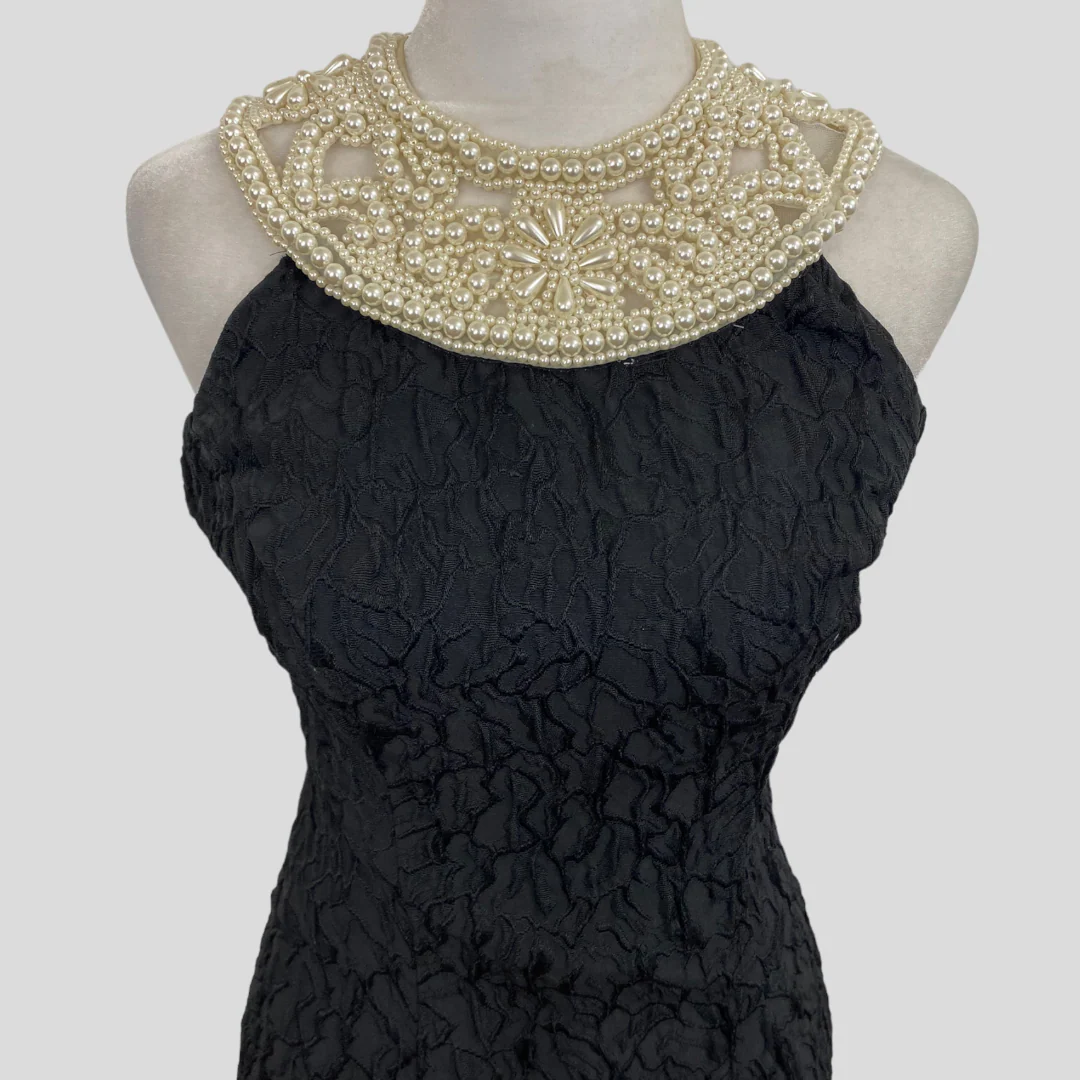 90s Black Crinkle Trumpet Mesh Pearl Neckline Dress - Image 4