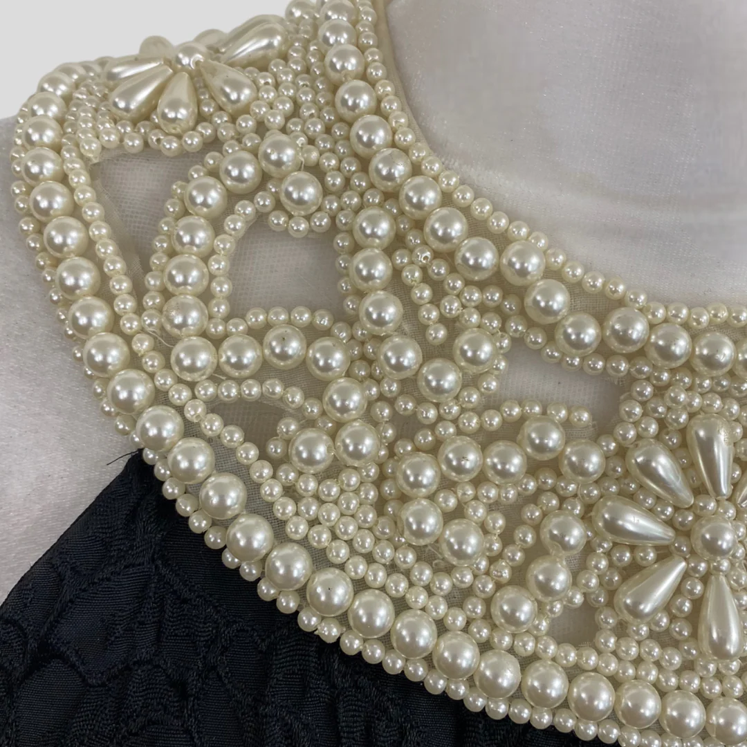 90s Black Crinkle Trumpet Mesh Pearl Neckline Dress - Image 5