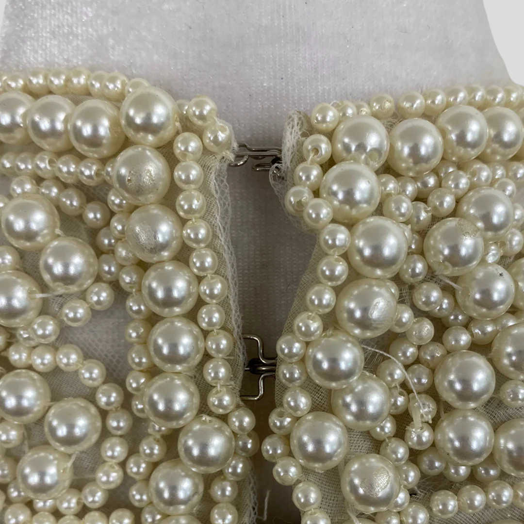 90s Black Crinkle Trumpet Mesh Pearl Neckline Dress - Image 6