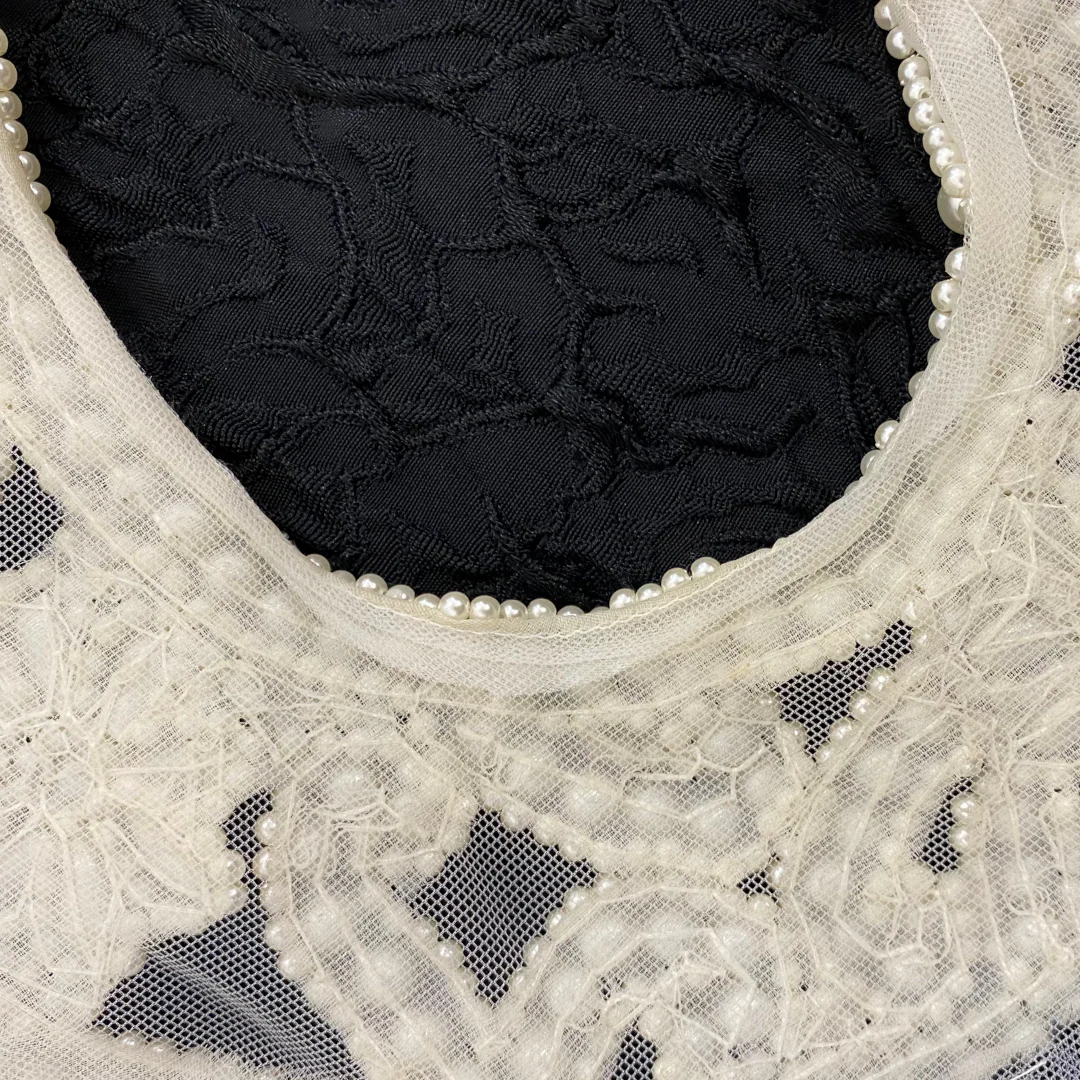 90s Black Crinkle Trumpet Mesh Pearl Neckline Dress - Image 7