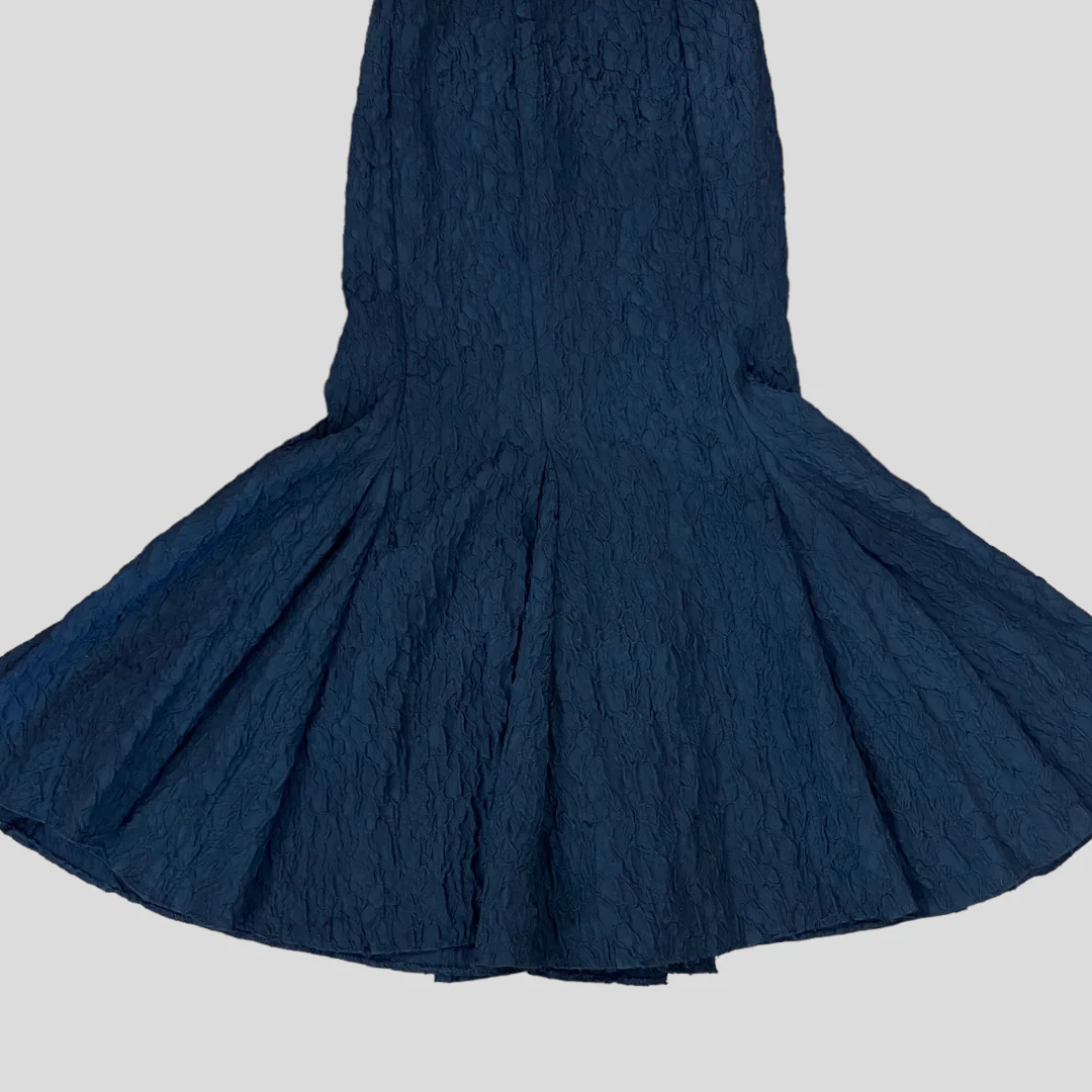 90s Black Crinkle Trumpet Mesh Pearl Neckline Dress - Image 8
