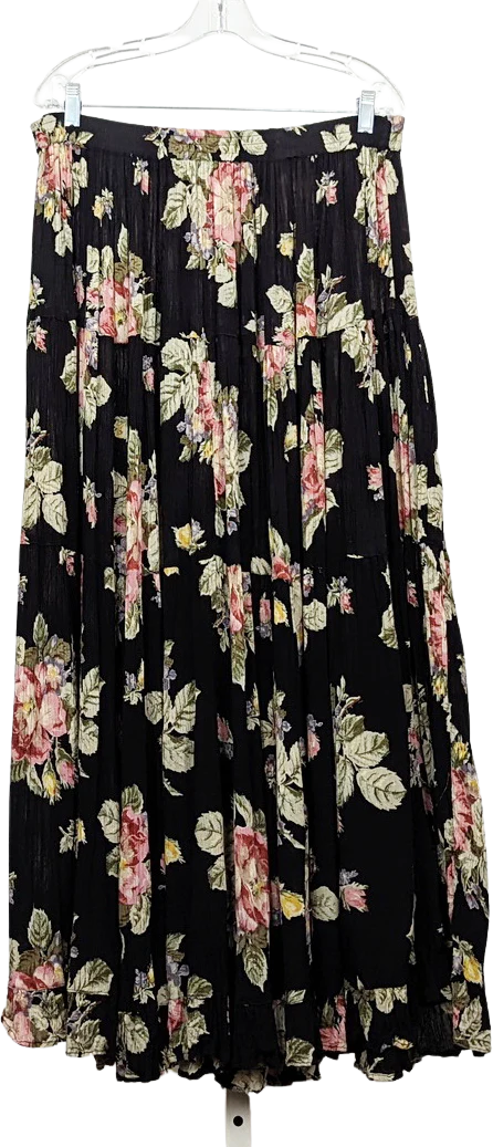 90s Black Floral Broomstick Crinkled Skirt By Neo Nostalgia