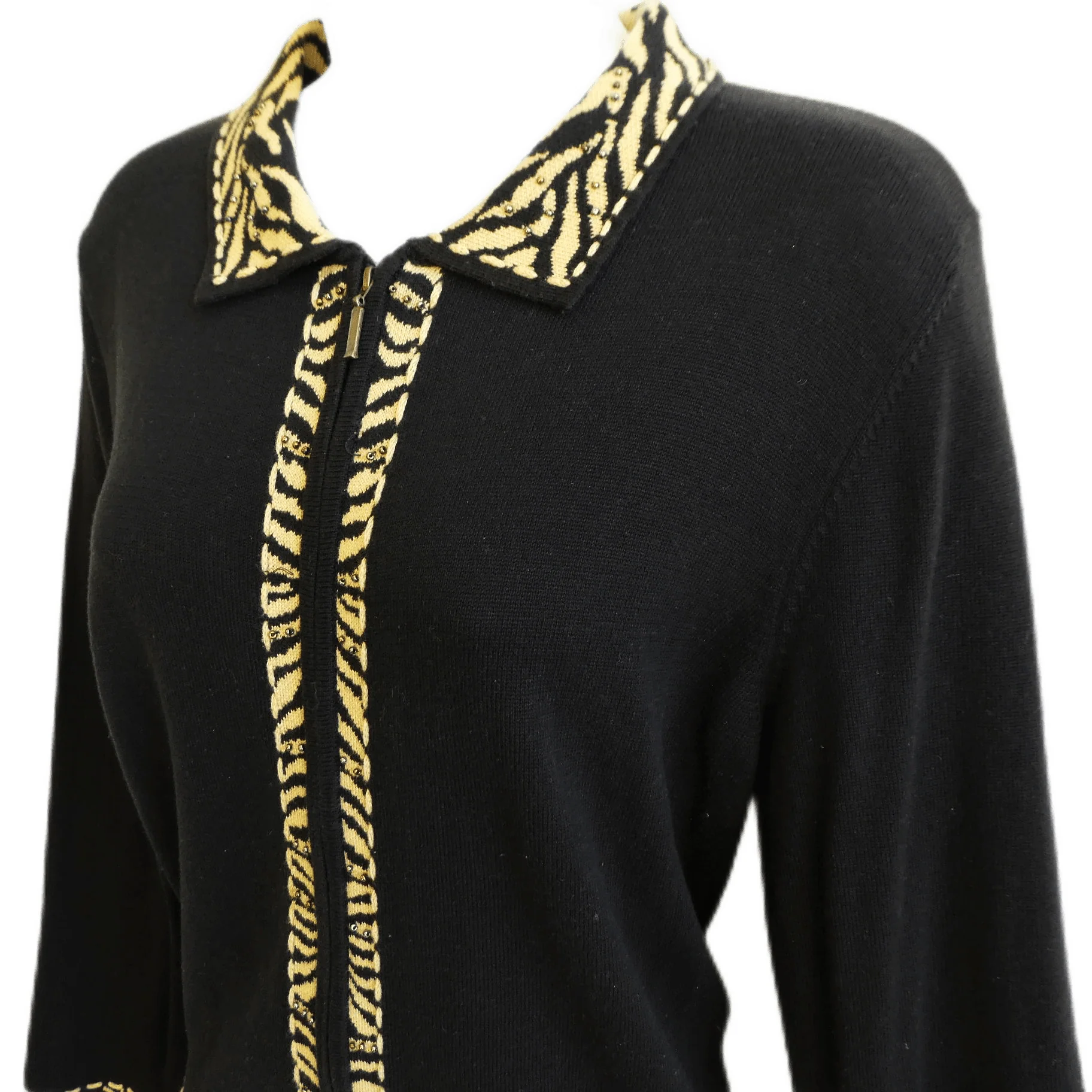 90s Black Knit Cardigan Top Full Zip Zebra Border Bead By Alfred Dunner - Image 3