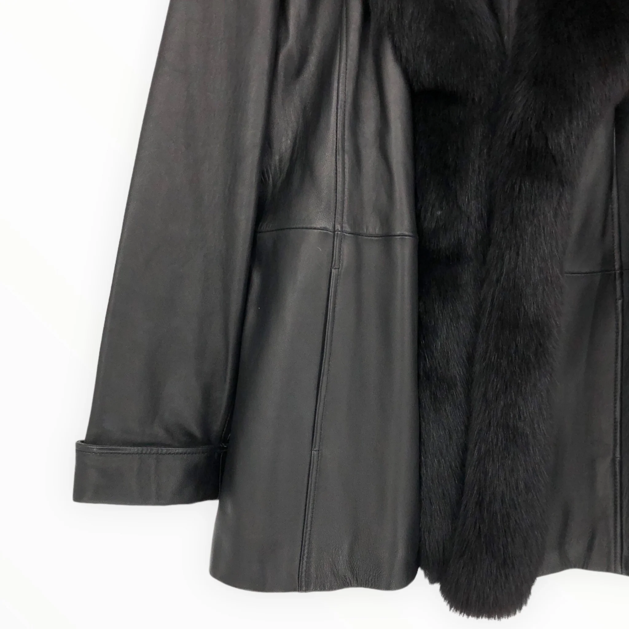 90s Black Lambskin Leather Fox Fur Collar Trim Jacket By Preston & York - Image 3