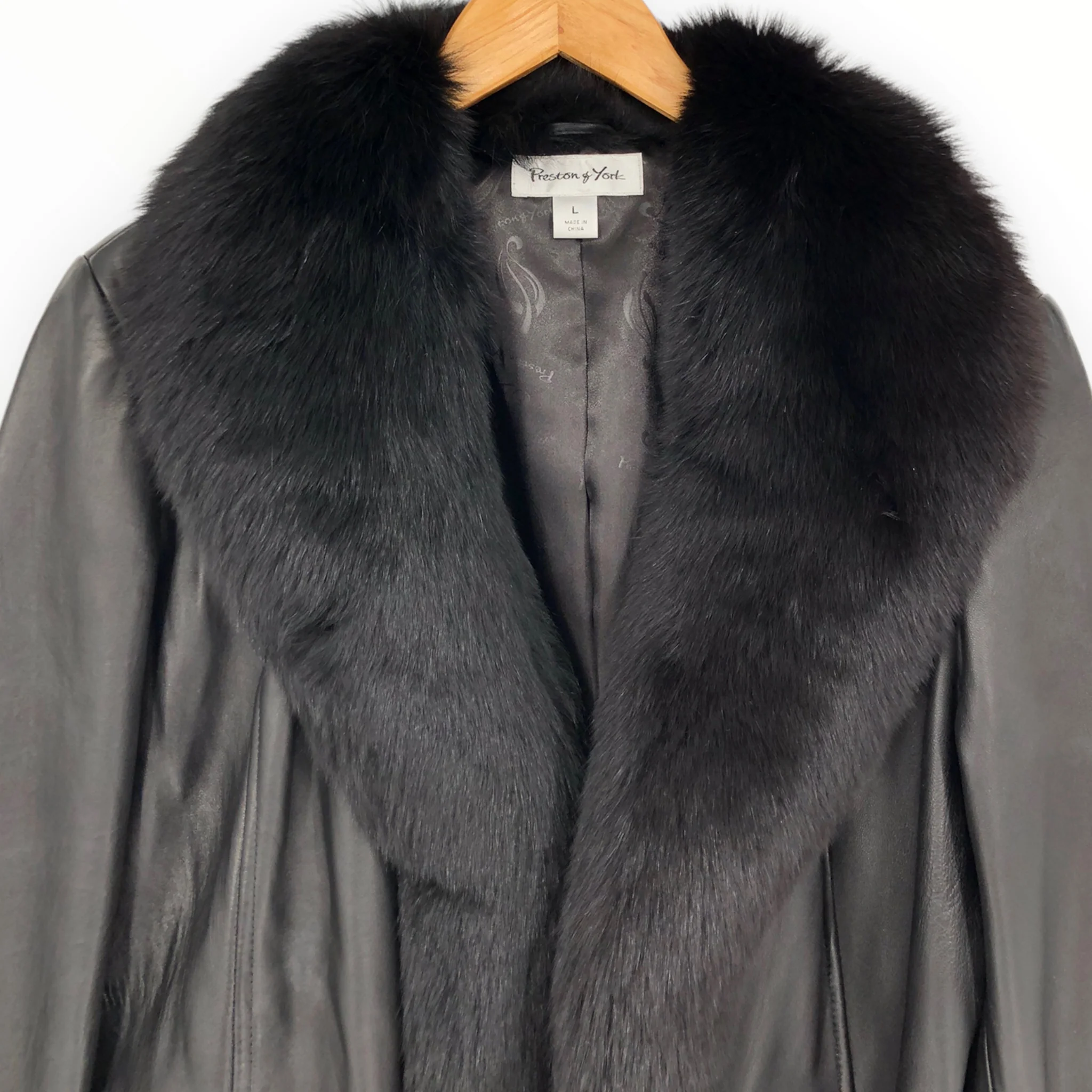 90s Black Lambskin Leather Fox Fur Collar Trim Jacket By Preston & York - Image 4