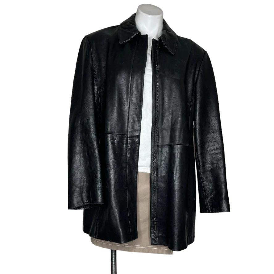 90s Black Leather Coat Zip Front Lined Buttery Soft L By Anne Klein - Image 4