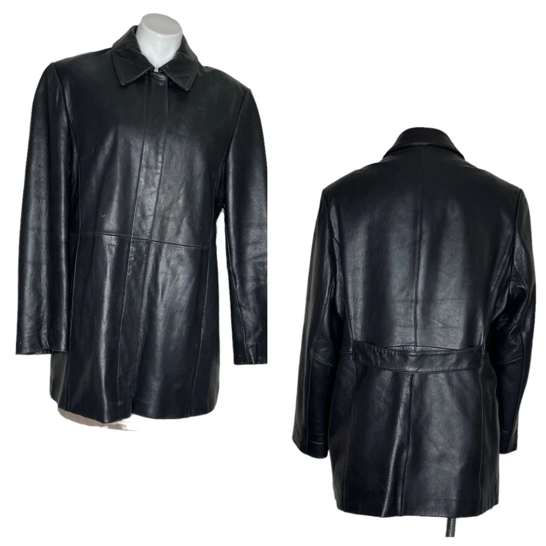 90s Black Leather Coat Zip Front Lined Buttery Soft L By Anne Klein - Image 9