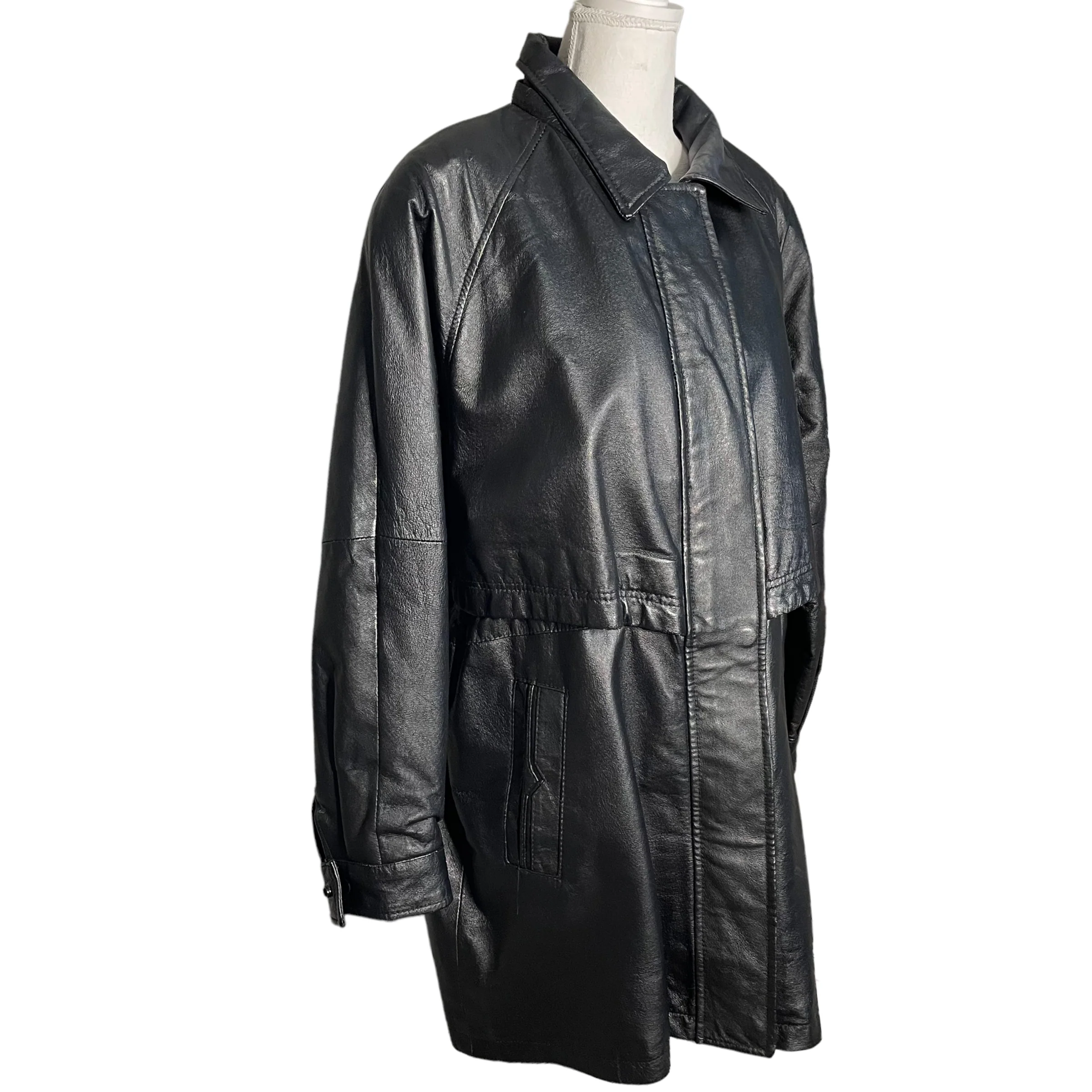90s Black Leather Faux Fur Liner Vented Trench Coat L By Phase 2 - Image 3
