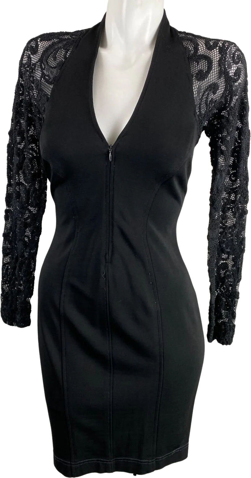 90s Black Paisley Lace Back Sexy V-neck Wiggle Dress By Tadashi