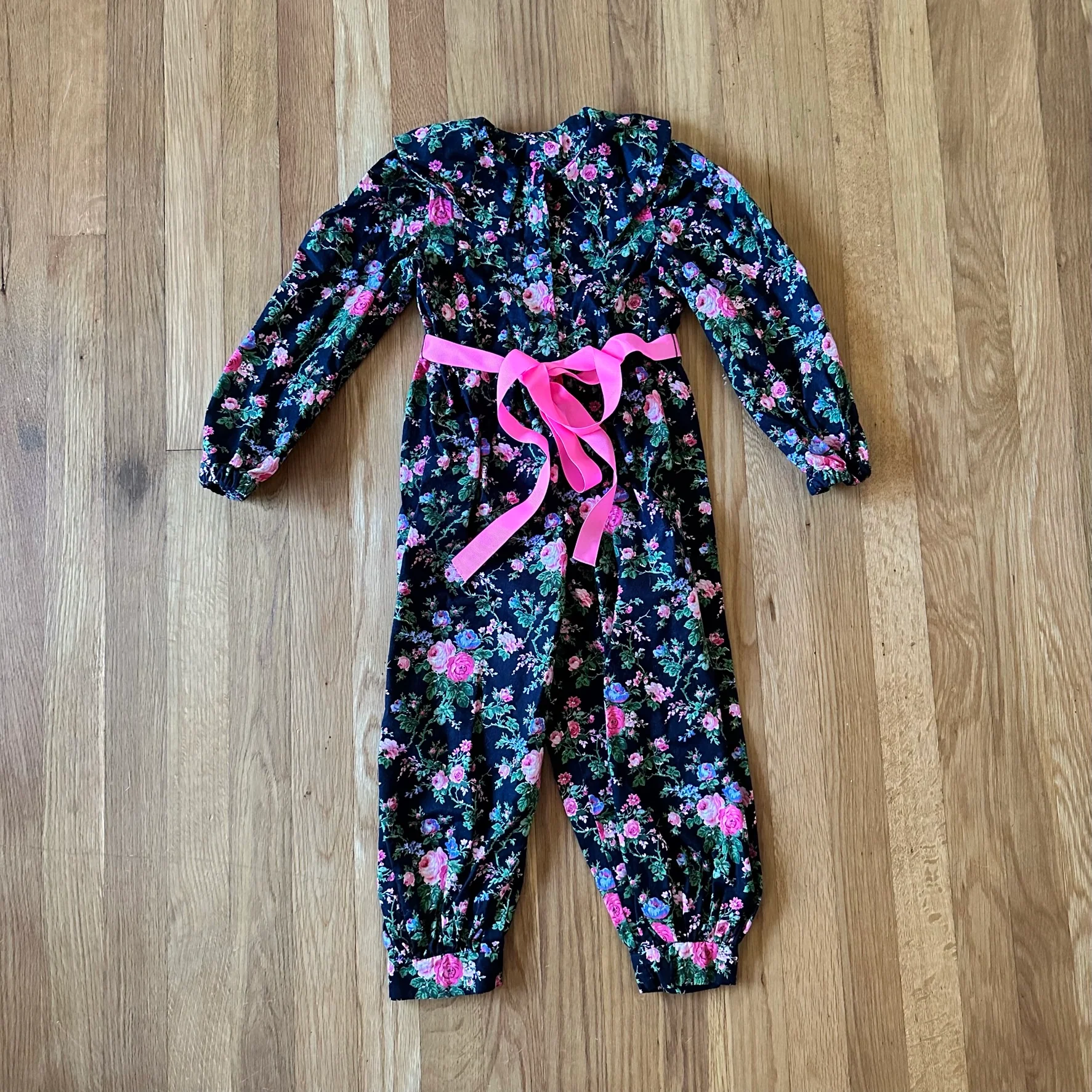 90s Black Pink And Blue Floral Collared Jumpsuit - Image 3