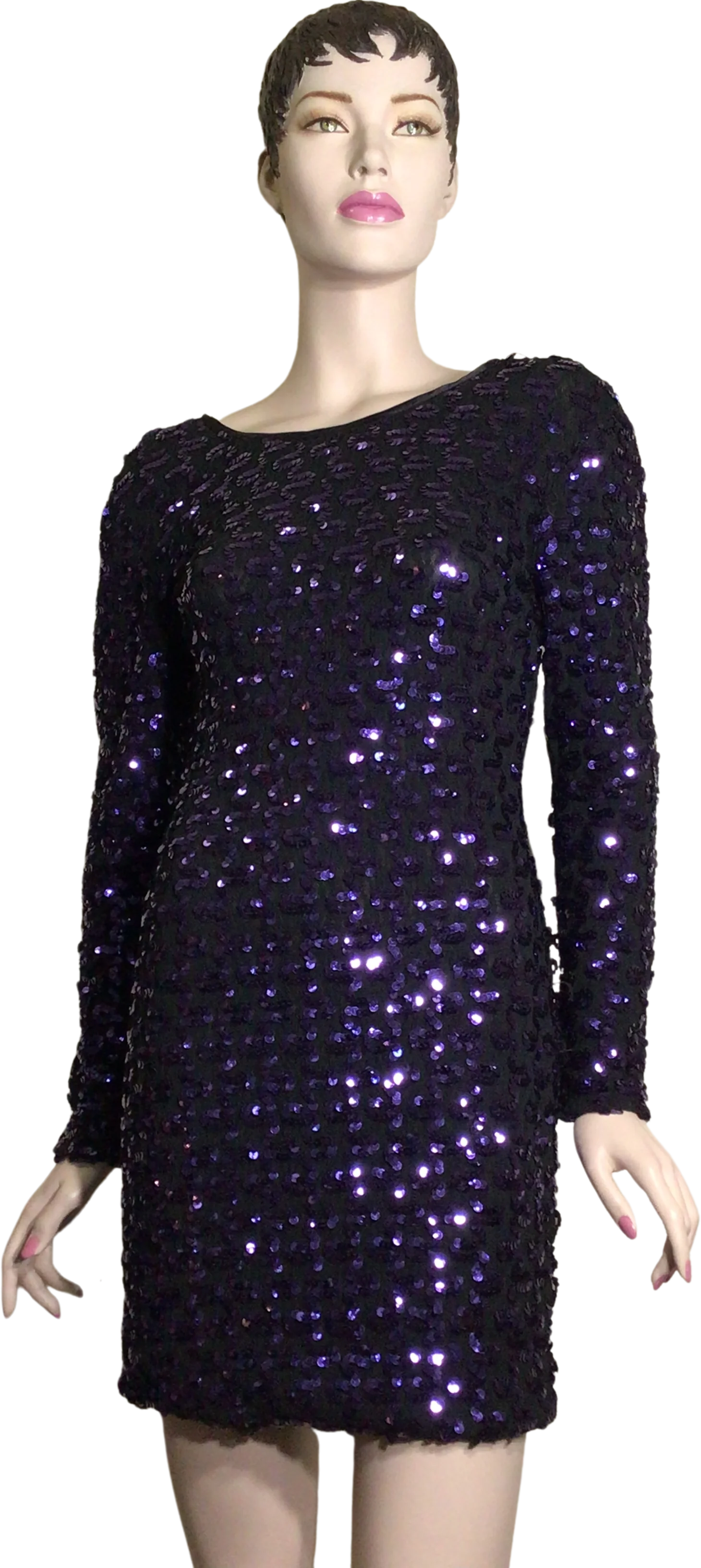 90s Black Purple Sequin V-back Long Sleeve Mini Dress By A La Carte California