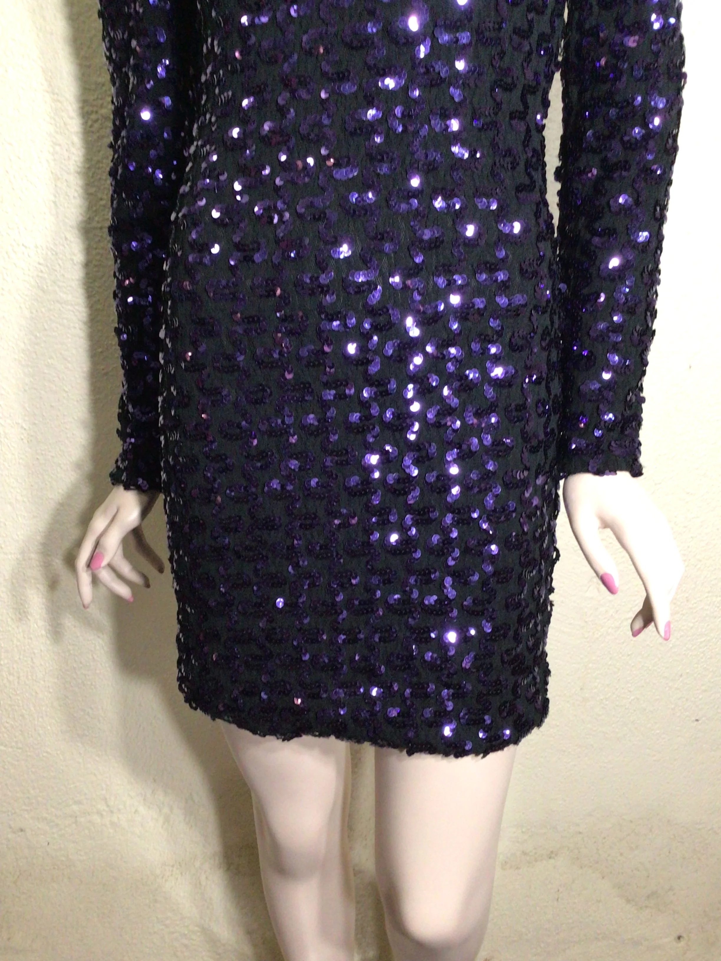 90s Black Purple Sequin V-back Long Sleeve Mini Dress By A La Carte California - Image 4