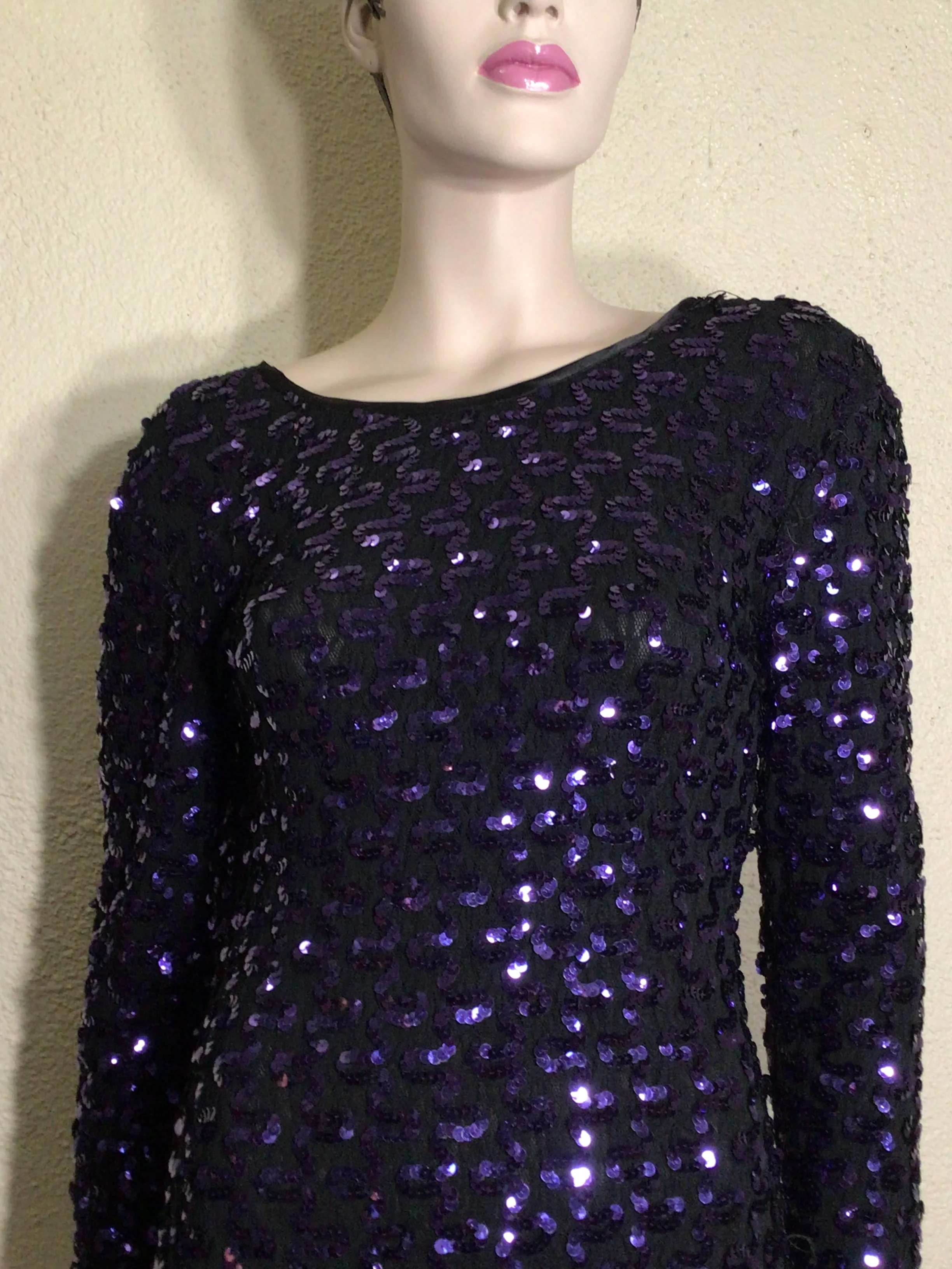 90s Black Purple Sequin V-back Long Sleeve Mini Dress By A La Carte California - Image 5