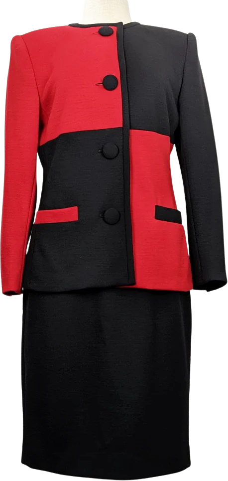 90s Black Red Colorblock Wool Skirt Suit By Kasper