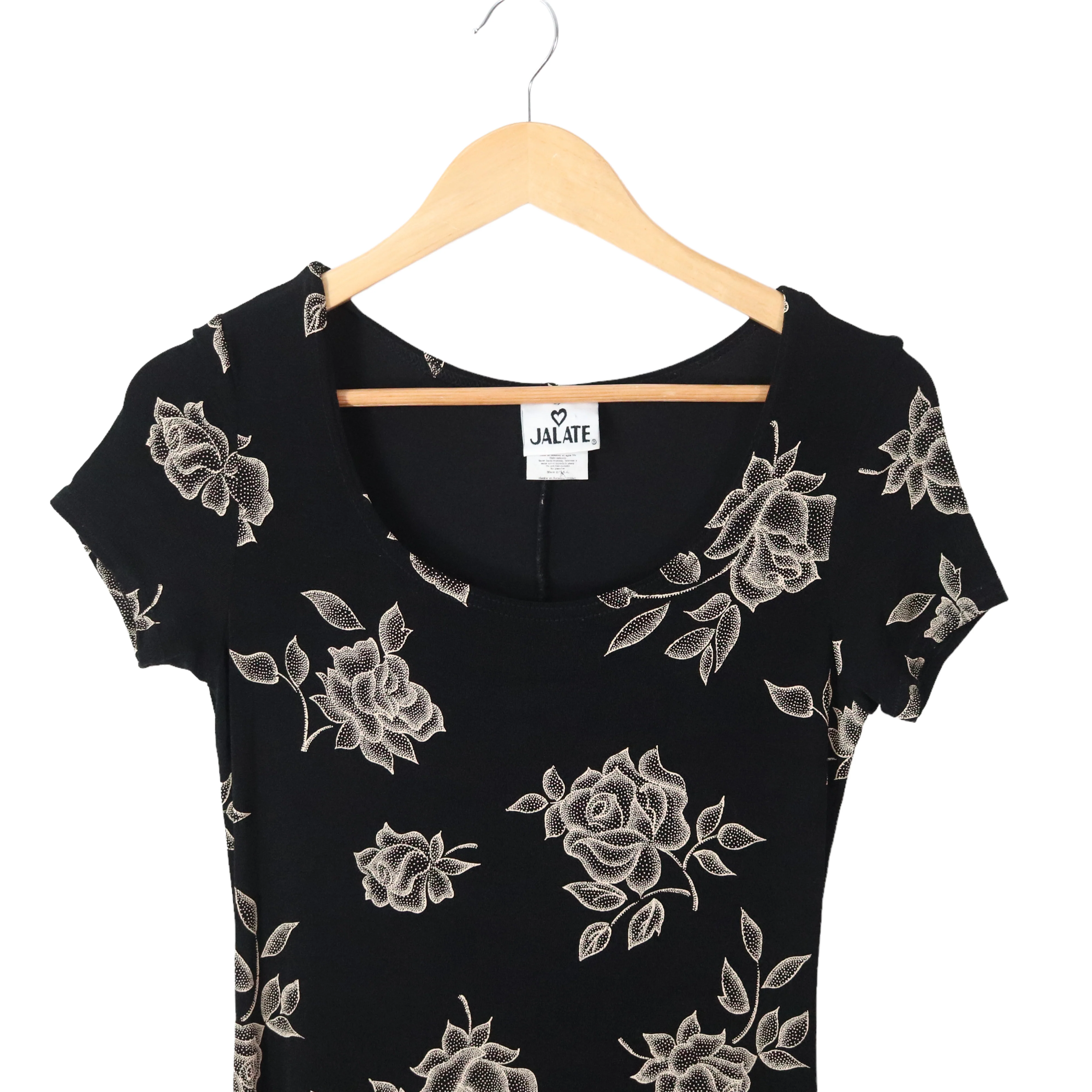 90s Black Rose Print Slinky Stretch Bodycon Maxi Dress By Jalate - Image 8