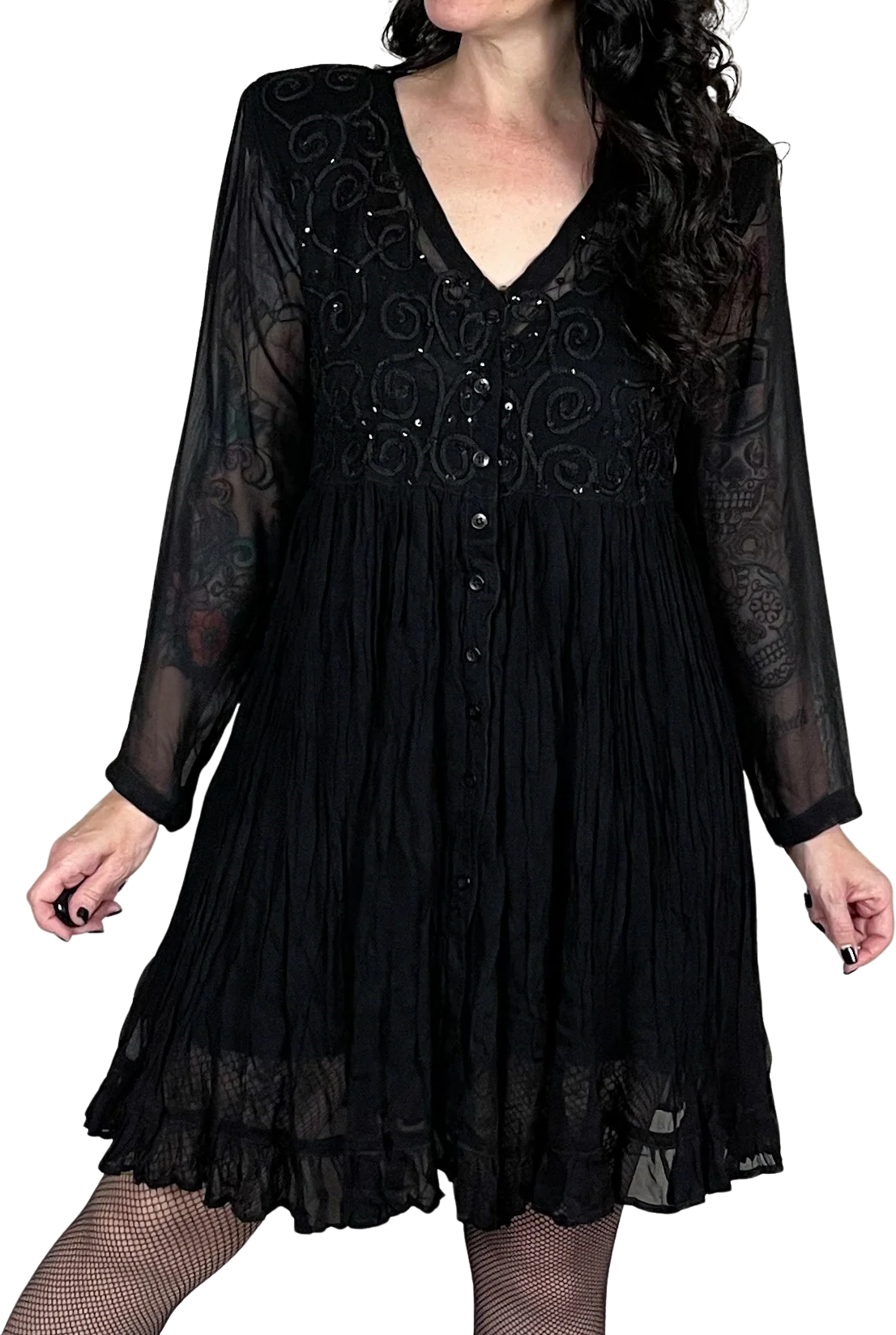 90s Black Sequin Long Sleeve Babydoll Mini Dress By Nostalgia