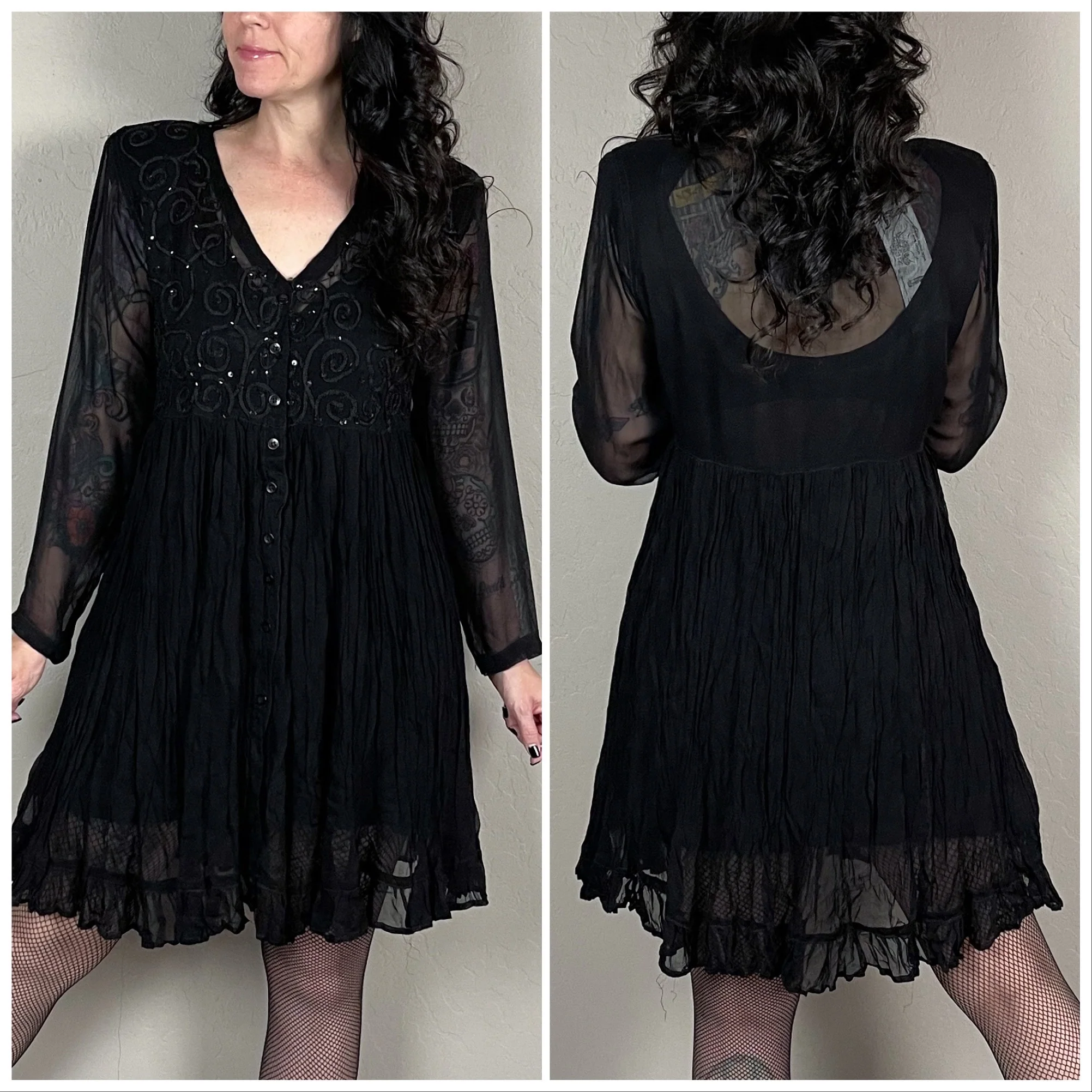 90s Black Sequin Long Sleeve Babydoll Mini Dress By Nostalgia - Image 4
