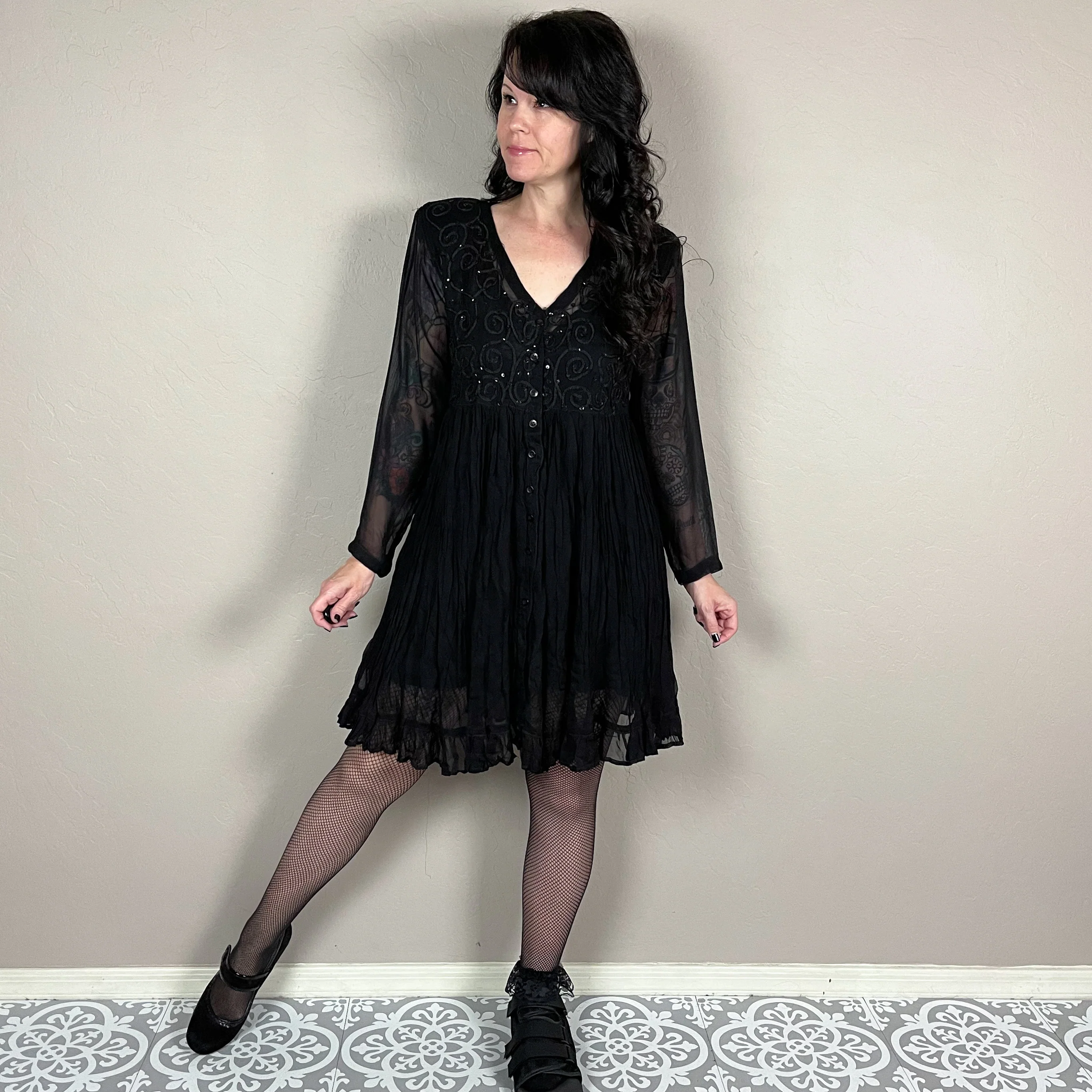 90s Black Sequin Long Sleeve Babydoll Mini Dress By Nostalgia - Image 5