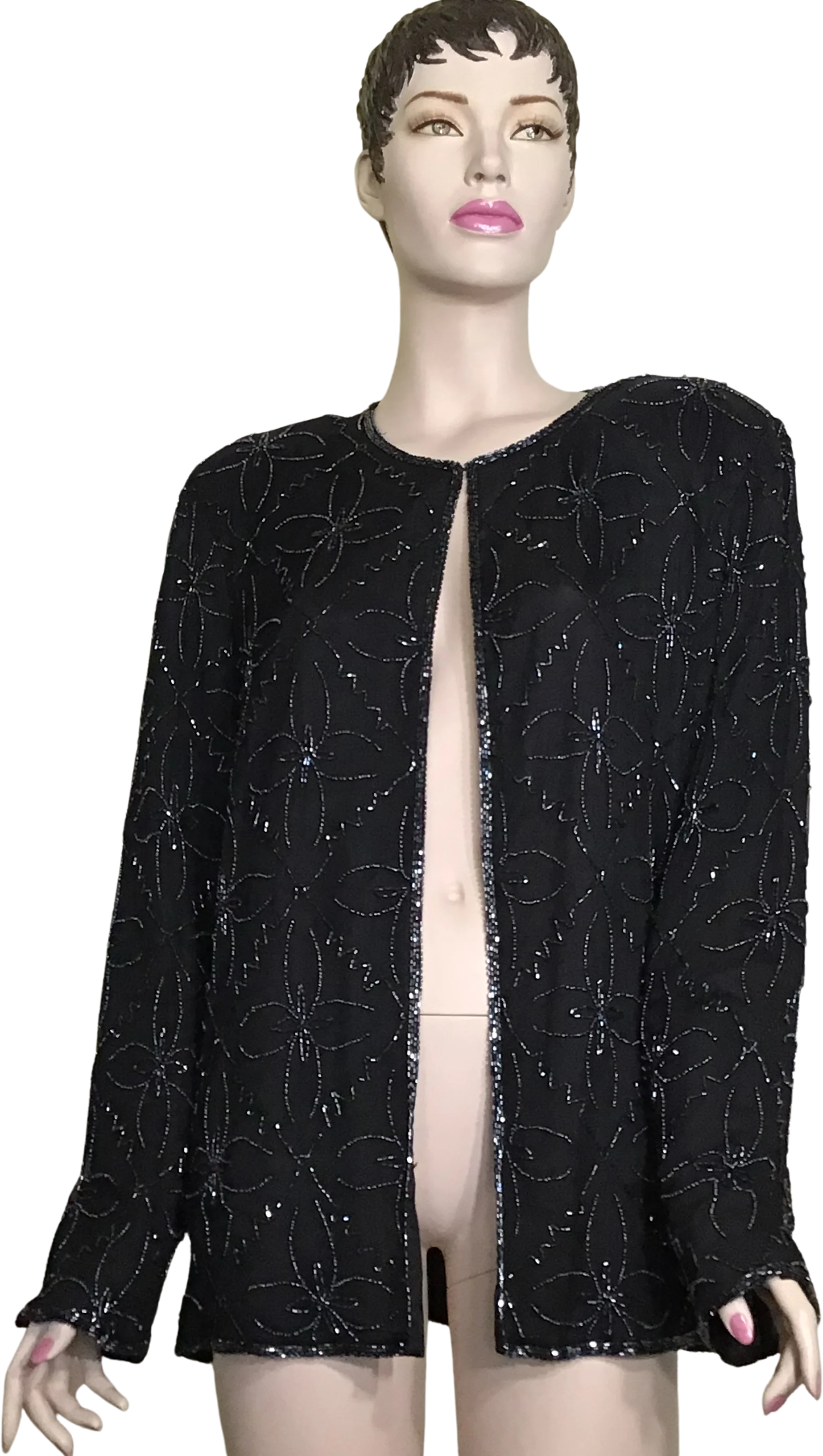 90s Black Silk Beaded Floral Long Sleeve Blazer Jacket By J M D New York