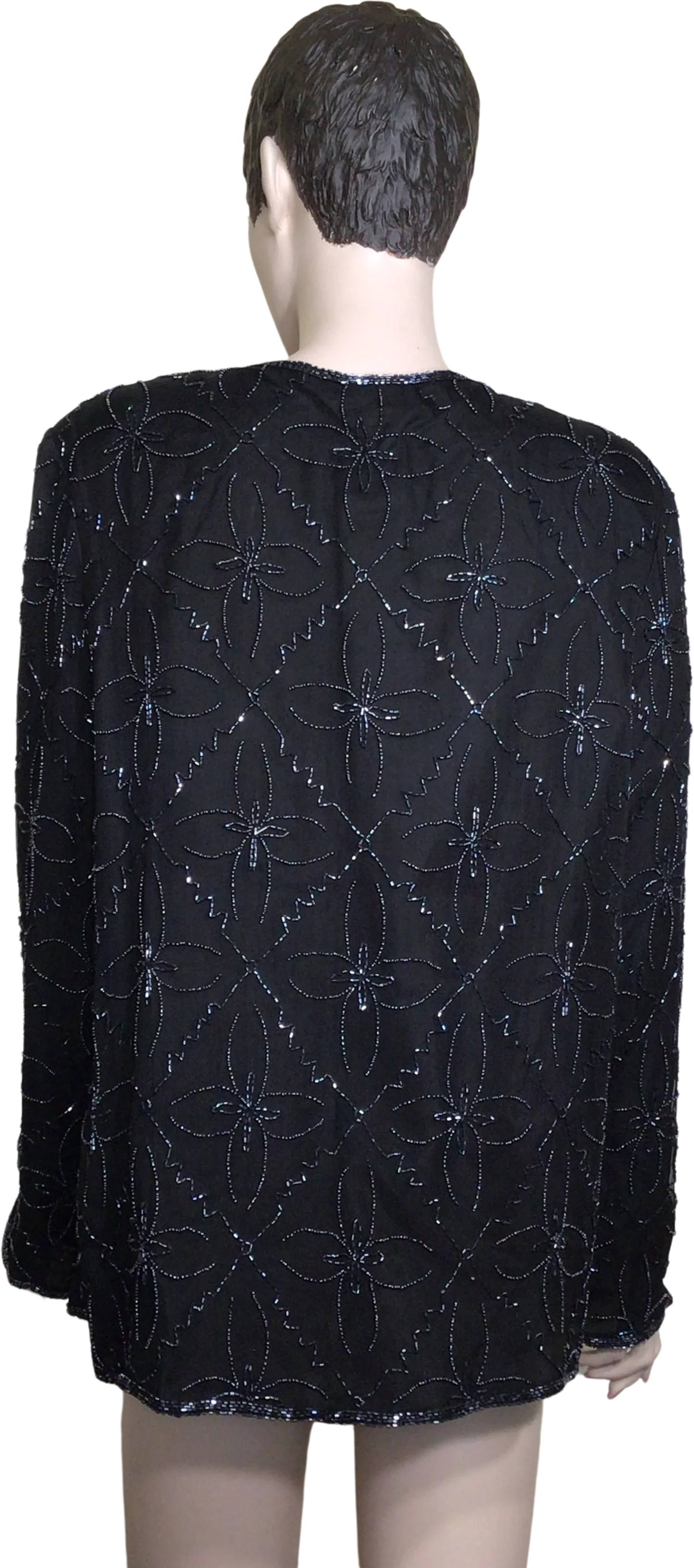 90s Black Silk Beaded Floral Long Sleeve Blazer Jacket By J M D New York - Image 2