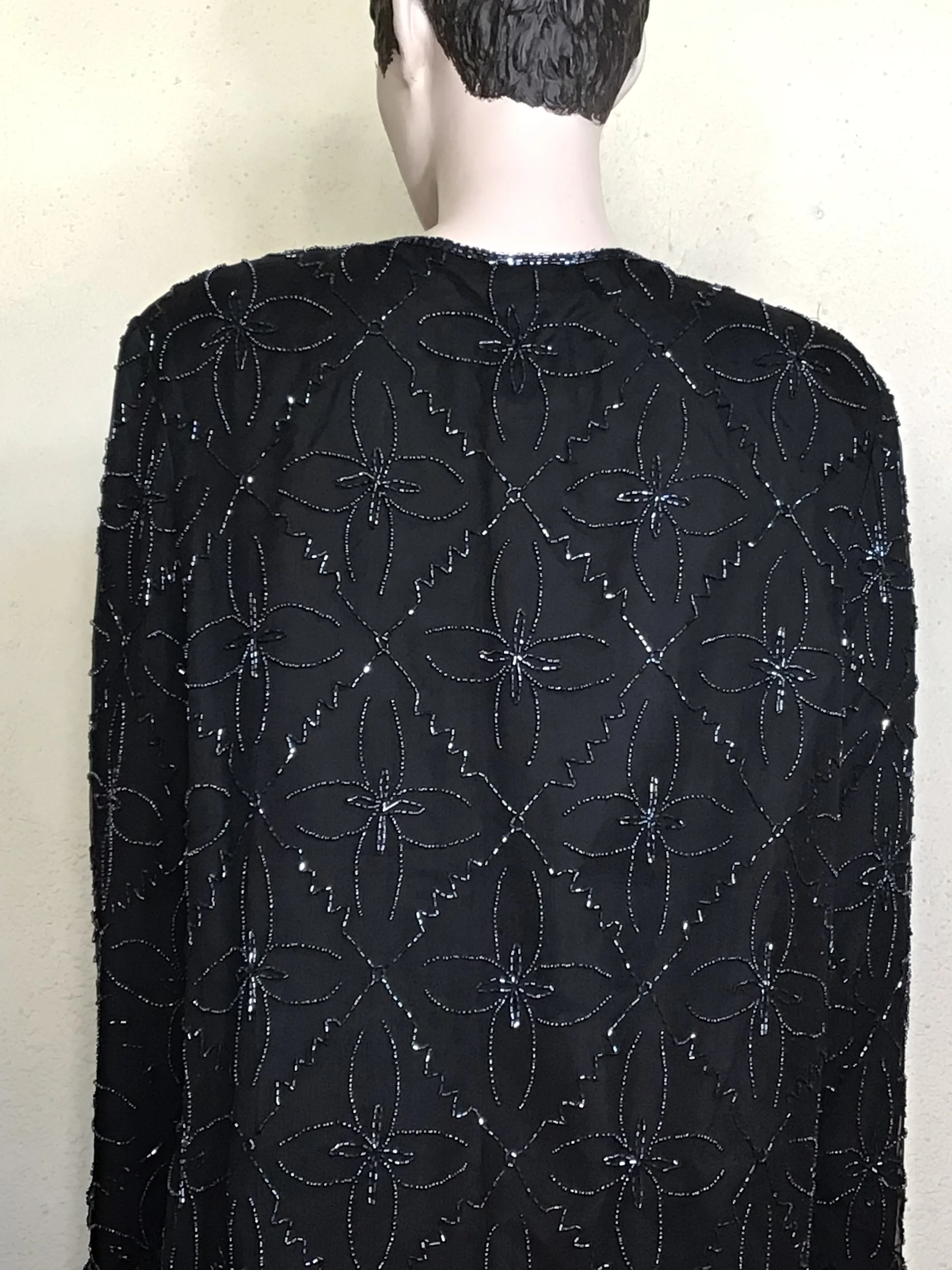 90s Black Silk Beaded Floral Long Sleeve Blazer Jacket By J M D New York - Image 4