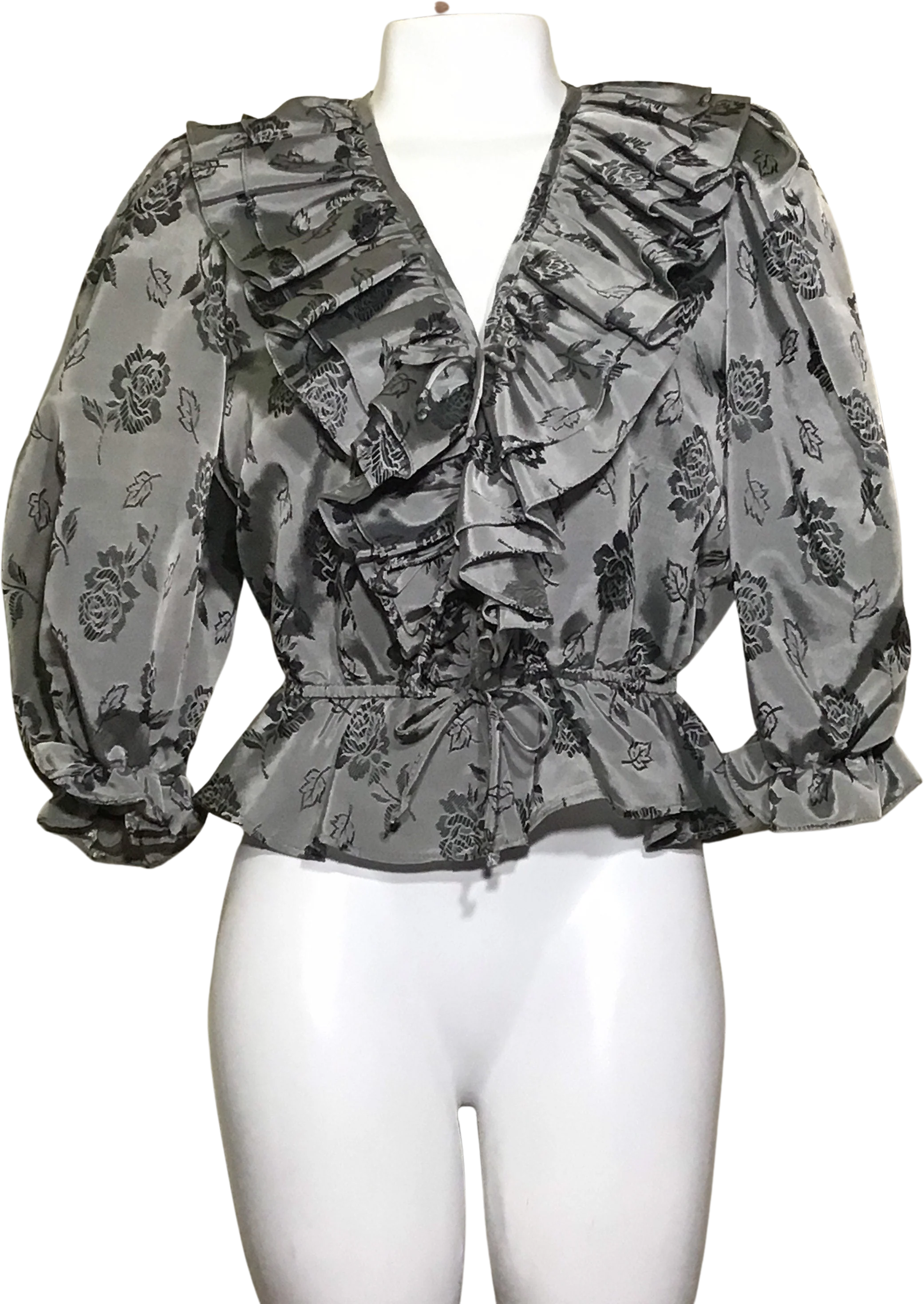 90s Black Silver Metallic Blouse Ruffled V-neckline By Contempo Casuals