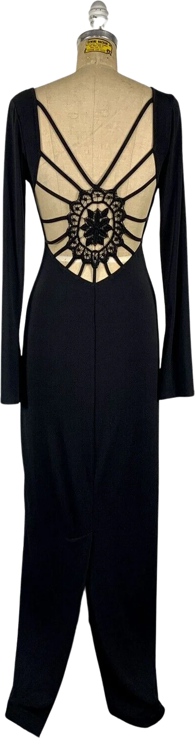 90s Black Slinky Knit Backless Crochet Spiderweb Gown By Newport News - Image 2