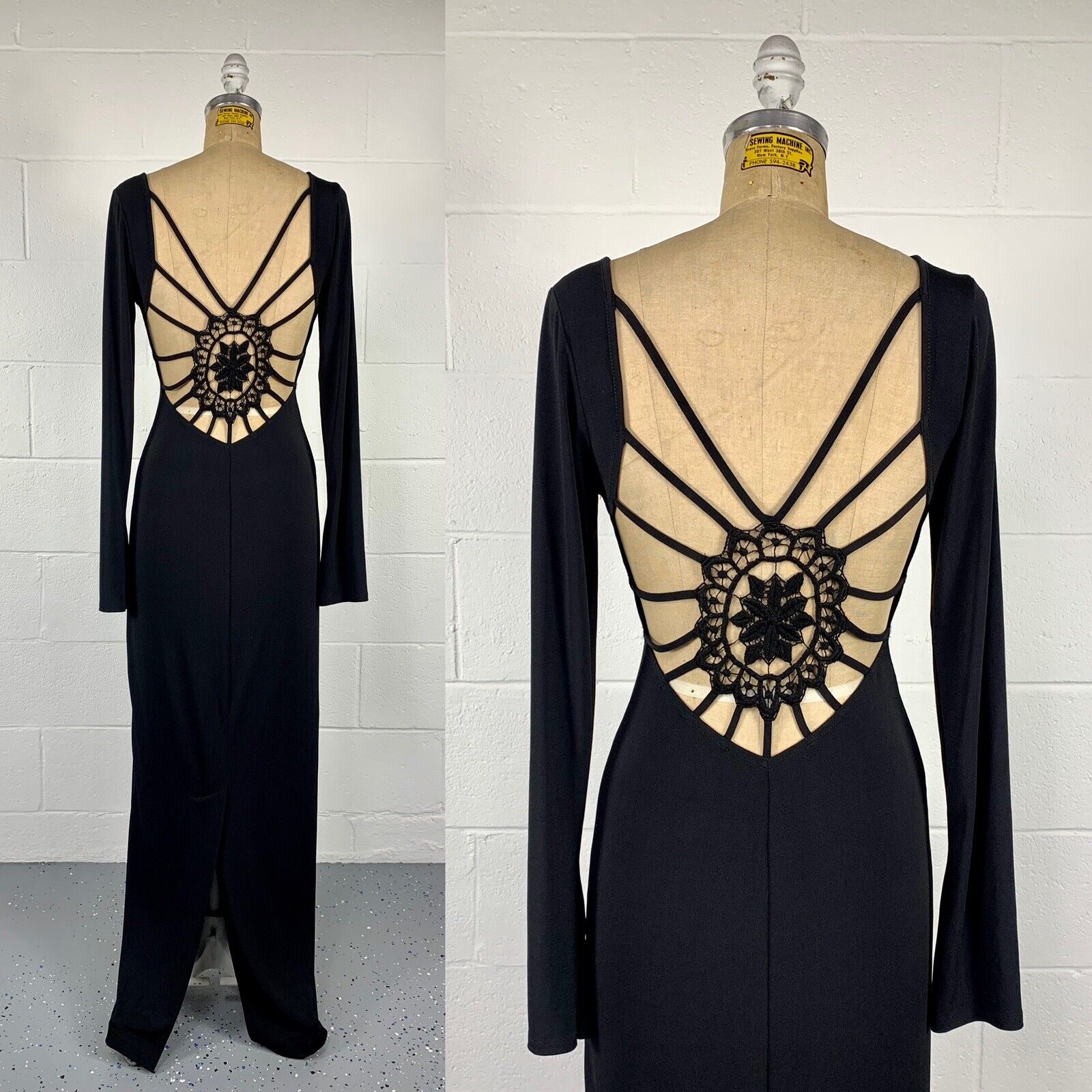 90s Black Slinky Knit Backless Crochet Spiderweb Gown By Newport News - Image 6