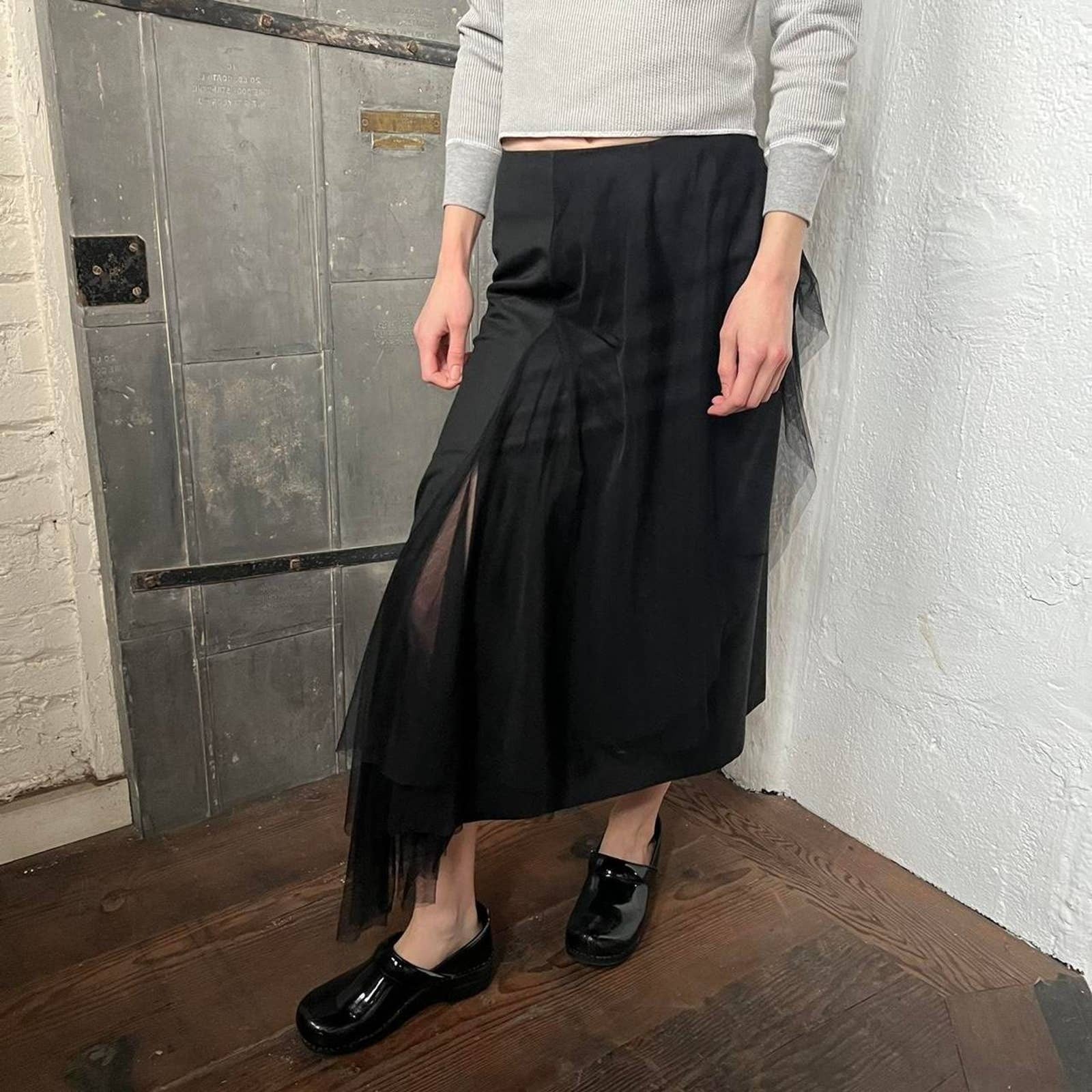 90s Black Tulle Draping Assymetric Long Maxi Skirt by Masaki Matsushima - Image 4