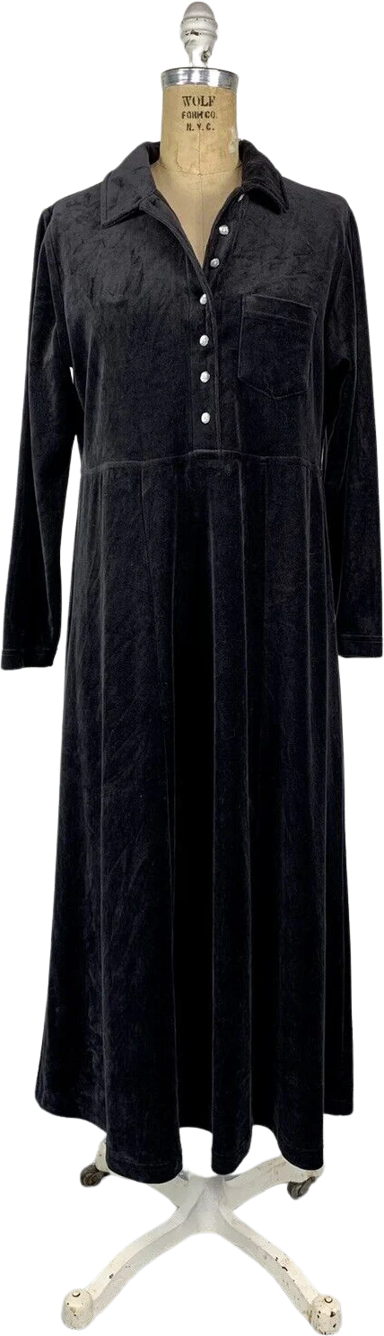 90s Black Velour Long Sleeve Shirt Dress Gothic Granny by LL Bean