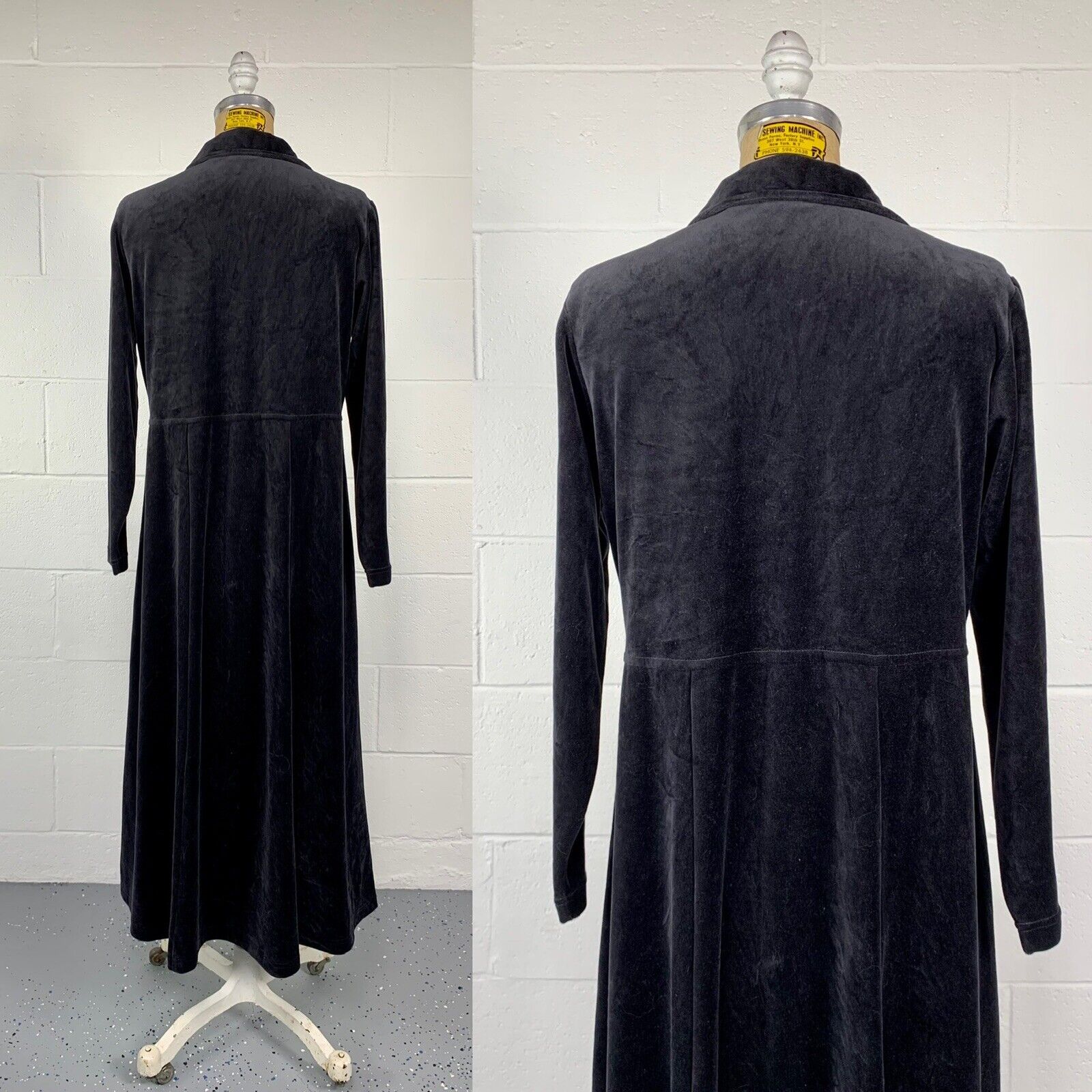 90s Black Velour Long Sleeve Shirt Dress Gothic Granny by LL Bean - Image 6